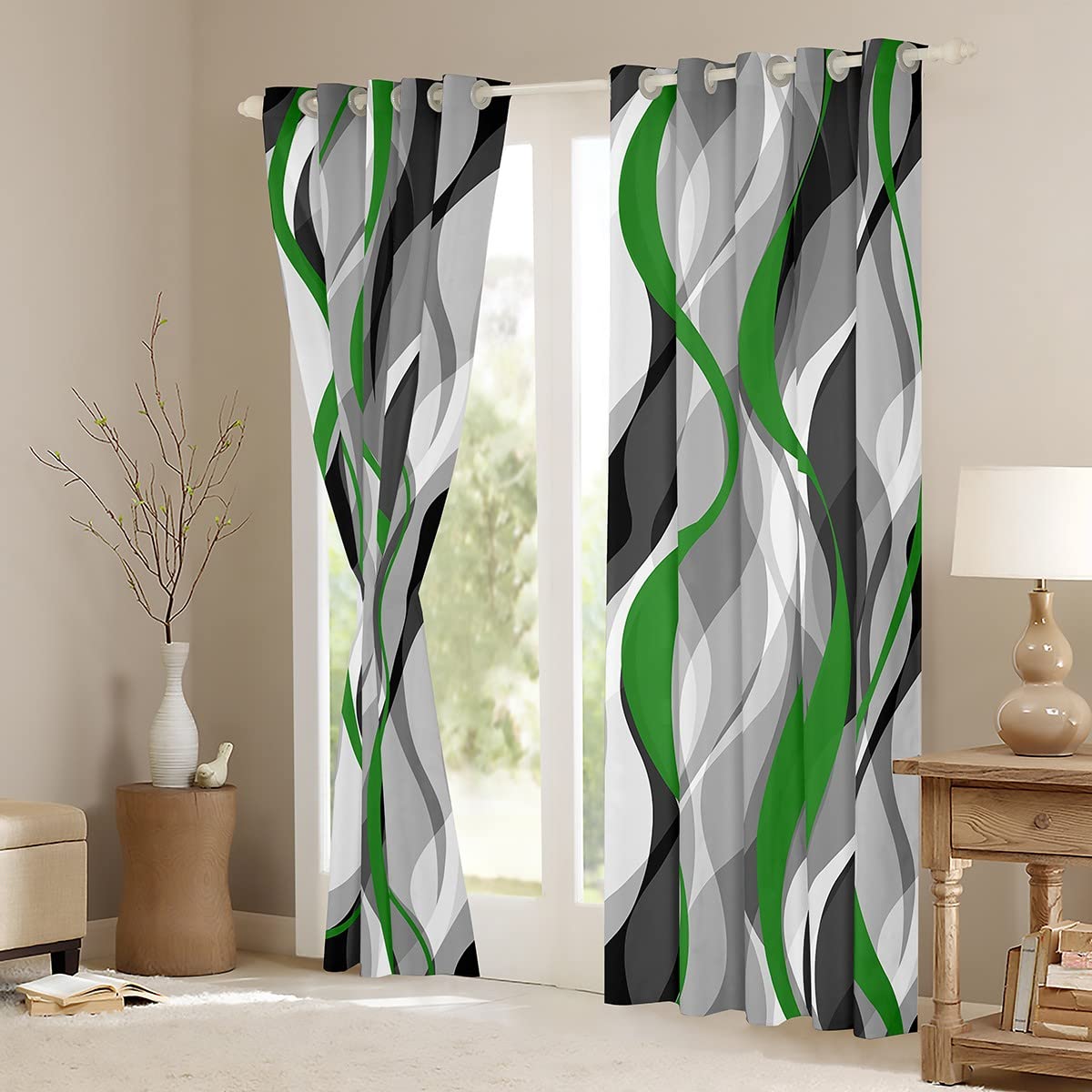 Loussiesd Green Grey Black Stripes Curtains for Bedroom Living Room Kids Geometric Blackout CurtainsDreapes Modern Striped Art Abstract Art Window Treatments W66*L72 - Image 3