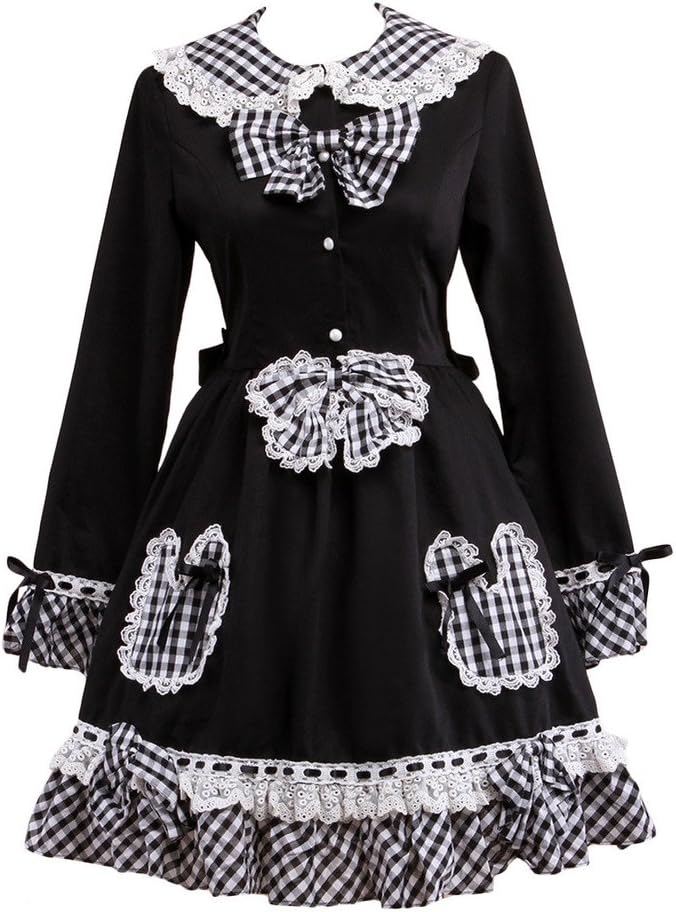 Hugme Classic Black Long Sleeves Plaid Cotton Lolita One-Piece