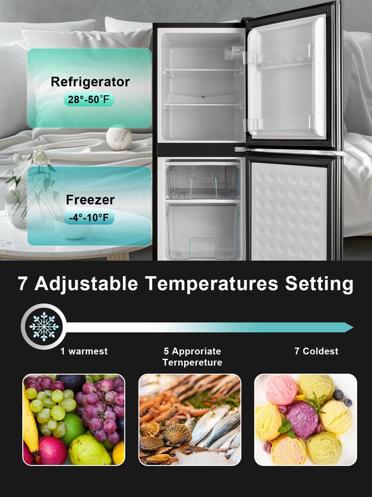 Krib Bling Refrigerator With Freezer 4.0 Cu.Ft With 7 Level Adjustable Thermostat Control 2 Door Bottom Freezer Refrigerator Lock Fresh Energy Saving For Apartment Bedroom Dorm And Office Black on Fridge.com - View 2