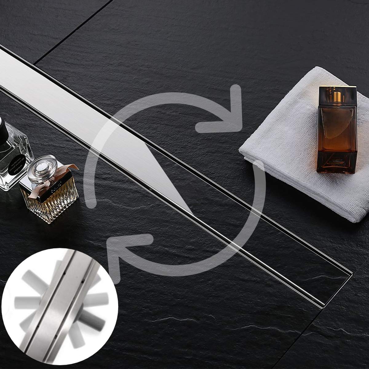 VBChome Canaleta de desagüe de ducha alicatable, de 90 cm, de doble cara, para suelo, de acero inoxidable, muy plana, sifón con autolimpieza, tamaños 60-100 cm, juego completo para cuarto de baño