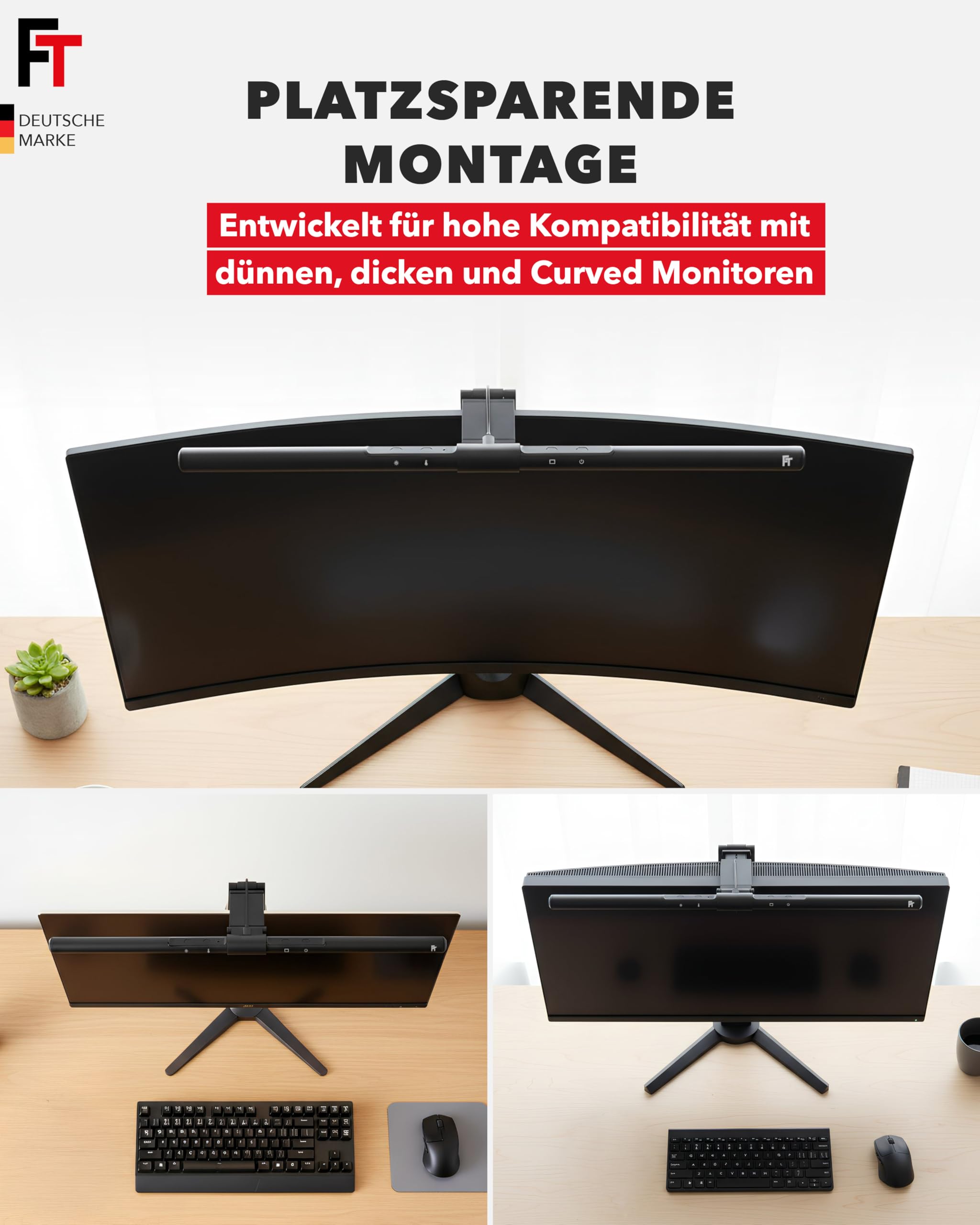 FeinTech LT750 LED Monitorlampe 51 cm USB Schreibtischlampe Lichtsensor Dimmbar Farbtemperatur Einstellbar Curved (ohne Fernbedienung)