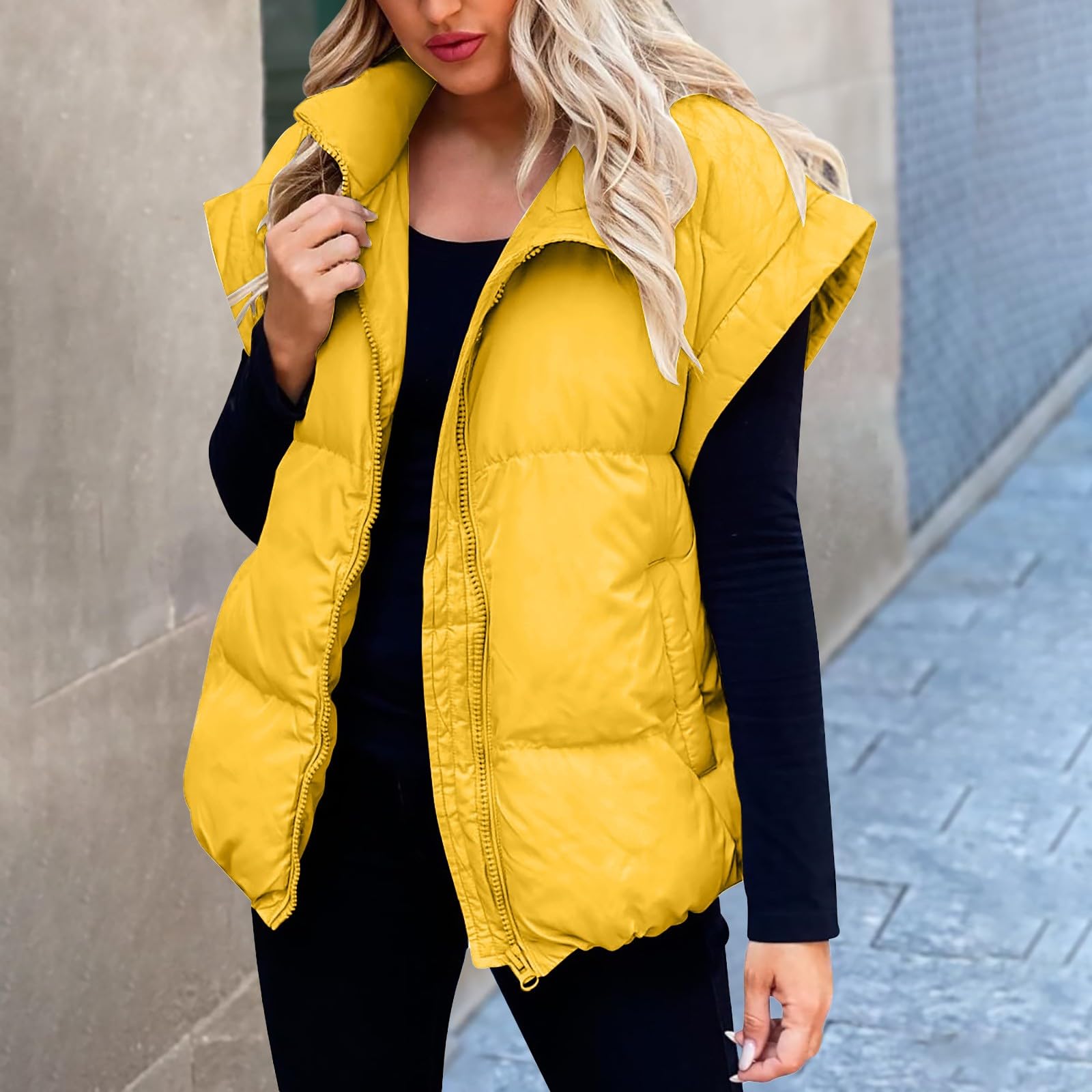 Generisch Chaleco acolchado de cuello alto para mujer, sin mangas, chaqueta con cremallera para invierno, chaleco acolchado cálido para mujer, chaqueta de punto con cremallera