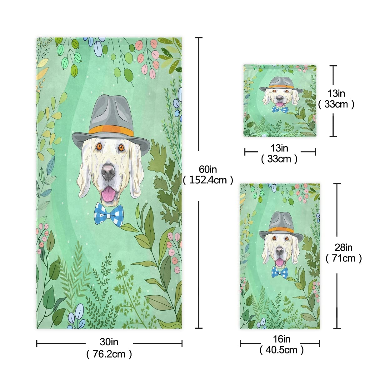 Cachorro De Perro Verde Juego de Toallas para Baño Playa 100% Algodón de Piscina Toalla (1 Toalla de Baño y 1 Toalla de Mano y 1 Paño de Lavado) para Nadar Hotel Niñas Niños Niños