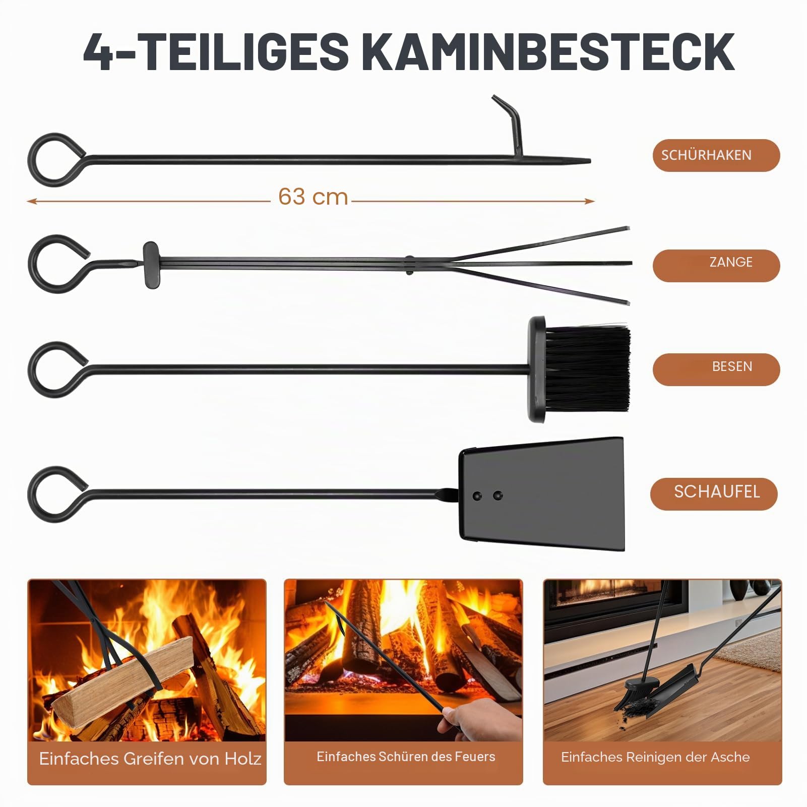 Kaminholzhalter, 2-lagig, aus Eisen, mit 4 Werkzeugen, Bürste, Schaufel, Zange und Haken – keine Schrauben erforderlich für Holzlagerung, Stapelmontage