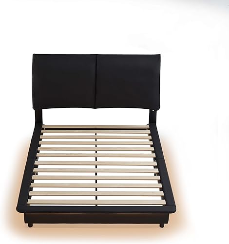 Miniatura 288 de Base de cama flotante tamaño Queen con luces LED y carga USB, marco de cama LED de plataforma tapizada moderna, no necesita somier (blanco-1)