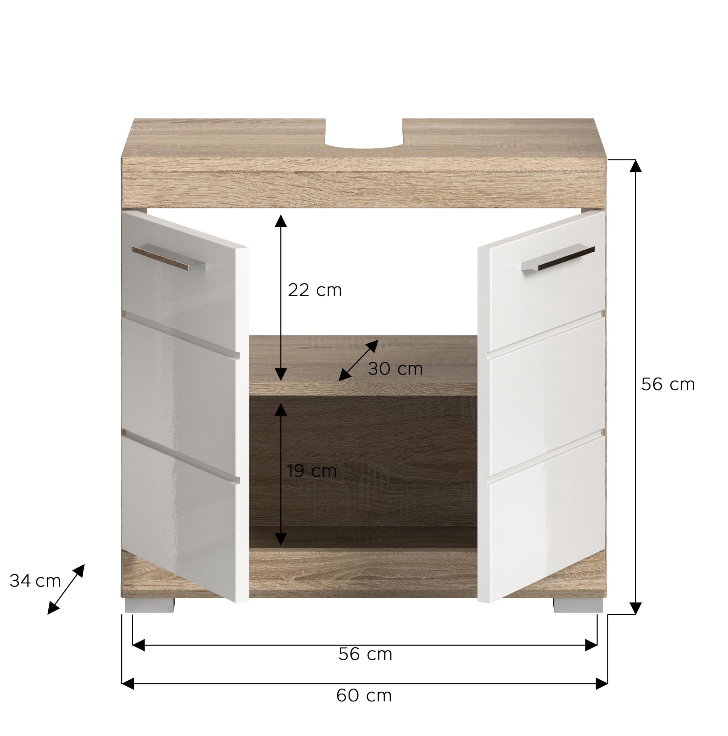 xonox.home - Waschbeckenunterschrank Lambada 60x56x34 cm in Sonoma Eiche hell und weiß Hochglanz - Unterschrank Badmöbel Badezimmerschrank - hochwertig verarbeitet stilvolles Ambiente