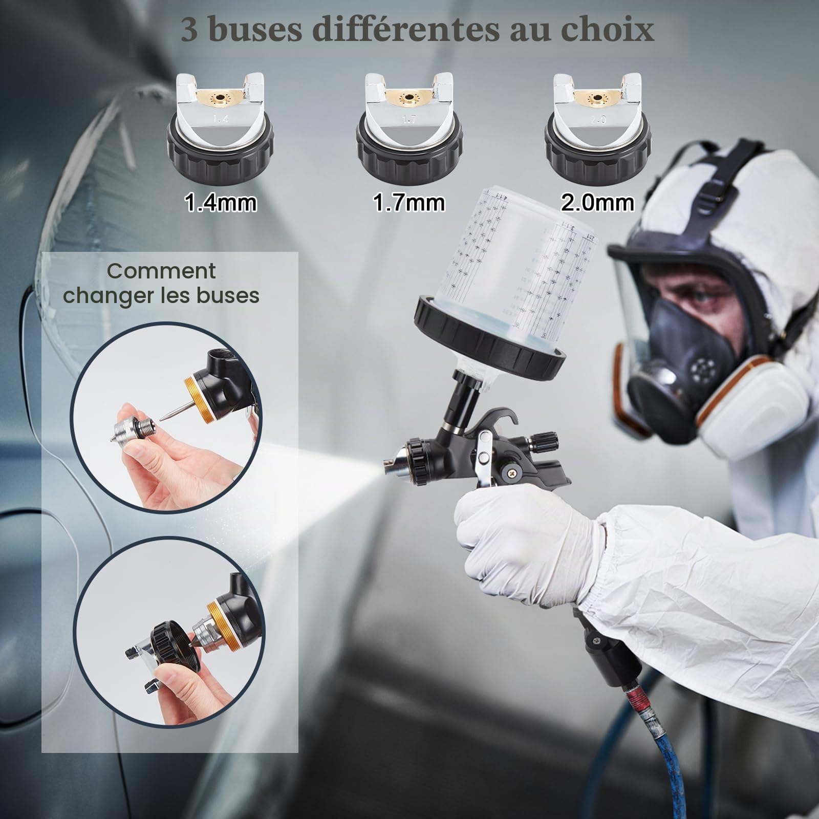 BlumWay HVLP Pistolet de pulvérisation d'air avec buses de 1,4/1,7/2 mm et régulateur de compresseur d'air, pistolet de pulvérisation d'air avec 10 gobelets de mélange et couvercle, pulvérisateur de