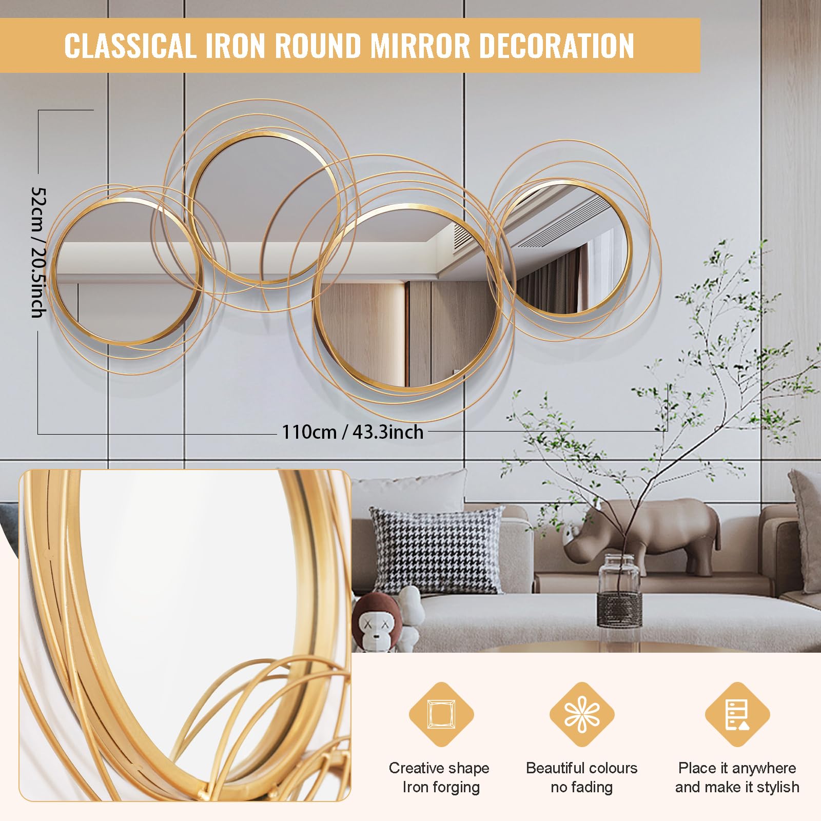 Espejo de pared decorativo grande, moderno espejo dorado para decoración de sala de estar, espejo de decoración de pared de metal con anillo de estrella para entrada, dormitorio, comedor, 43.3 3