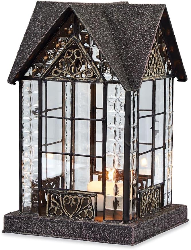 Glass and Metal Architectural Candle Lantern - Bronze-Tone Patina Devonshire House