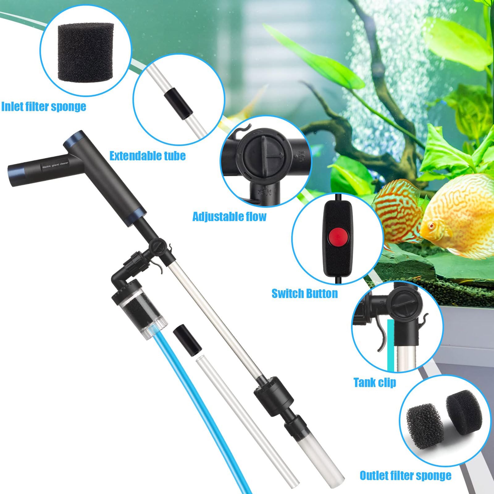 Speed ​​Fish - Mover de agua mineral con manguera de 2 m y raspador para un fácil cuidado del acuario, kit de limpieza de acuarios