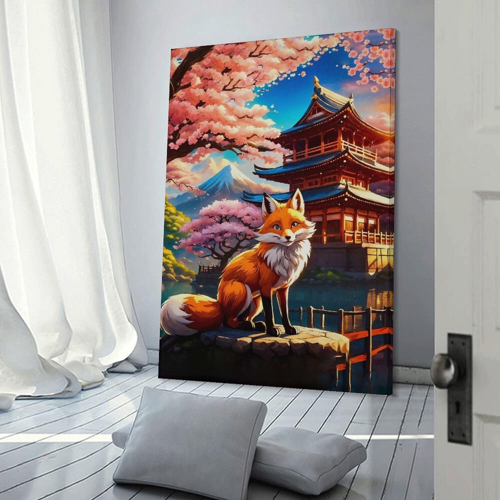 Junmoney Frame-Style-10 Wall Picture Print Sakura Kitsune Fox, 20X30inch(50X75cm), For Contemporary Homes, Apartments Or Offices, Decorative Canvas Decor For Home Updates