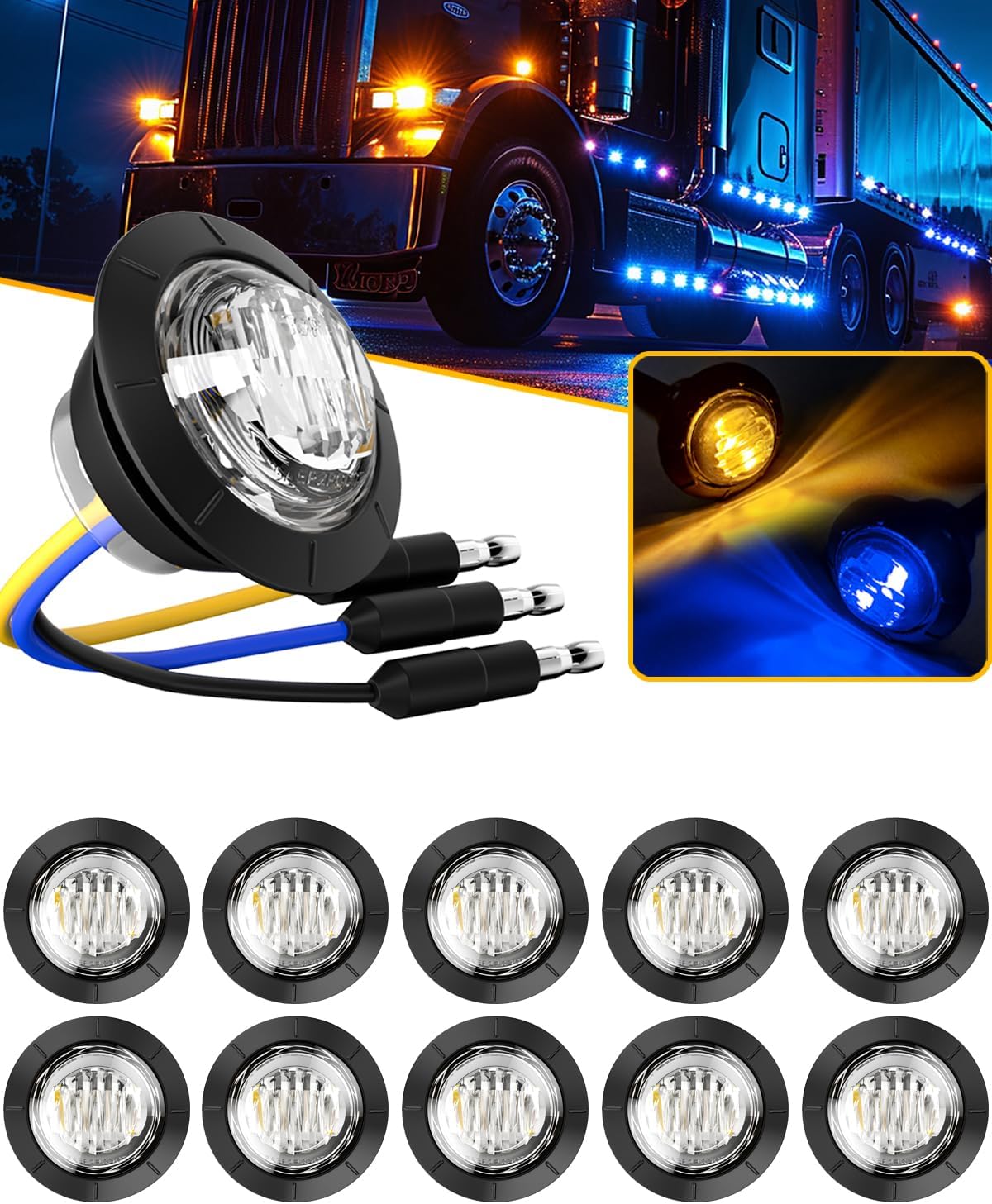 PSEQT 3/4'' Trailer LED Marker Lights Amber to Blue Dual Color Side Clearance Fender Grille Indicator Lights Waterproof 12V Round Bullet Clear Light for Trailer Truck Pickup ATV UTV RV Van Bus, 10Pcs