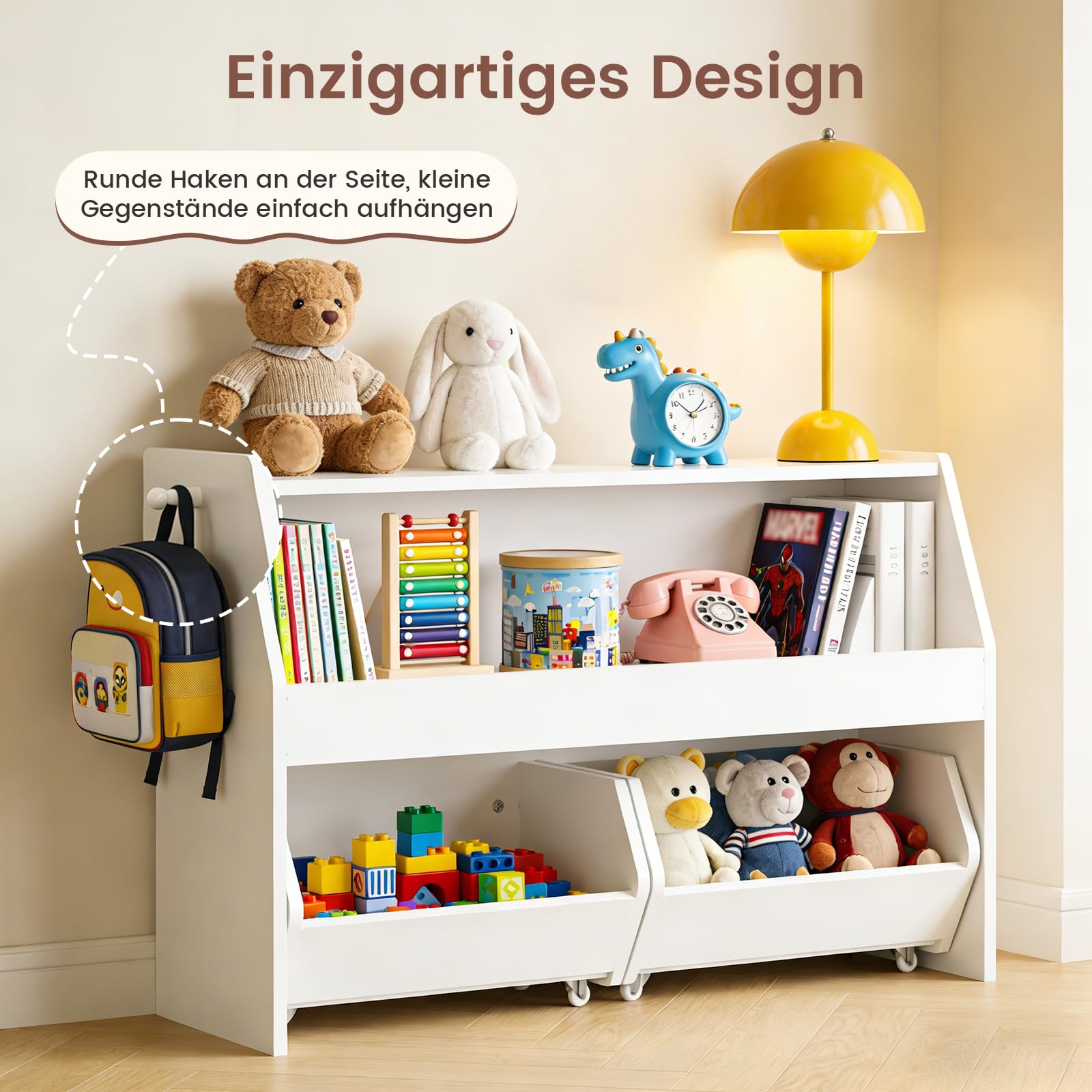 Kinderregal mit Boxen auf Rollen, Spielzeug Aufbewahrung, Bücherregal Kinder, Spielzeugregal Möbel für Kinderzimmer, Regal weiß mit 2 Schubladen - 91x30 x60 cm