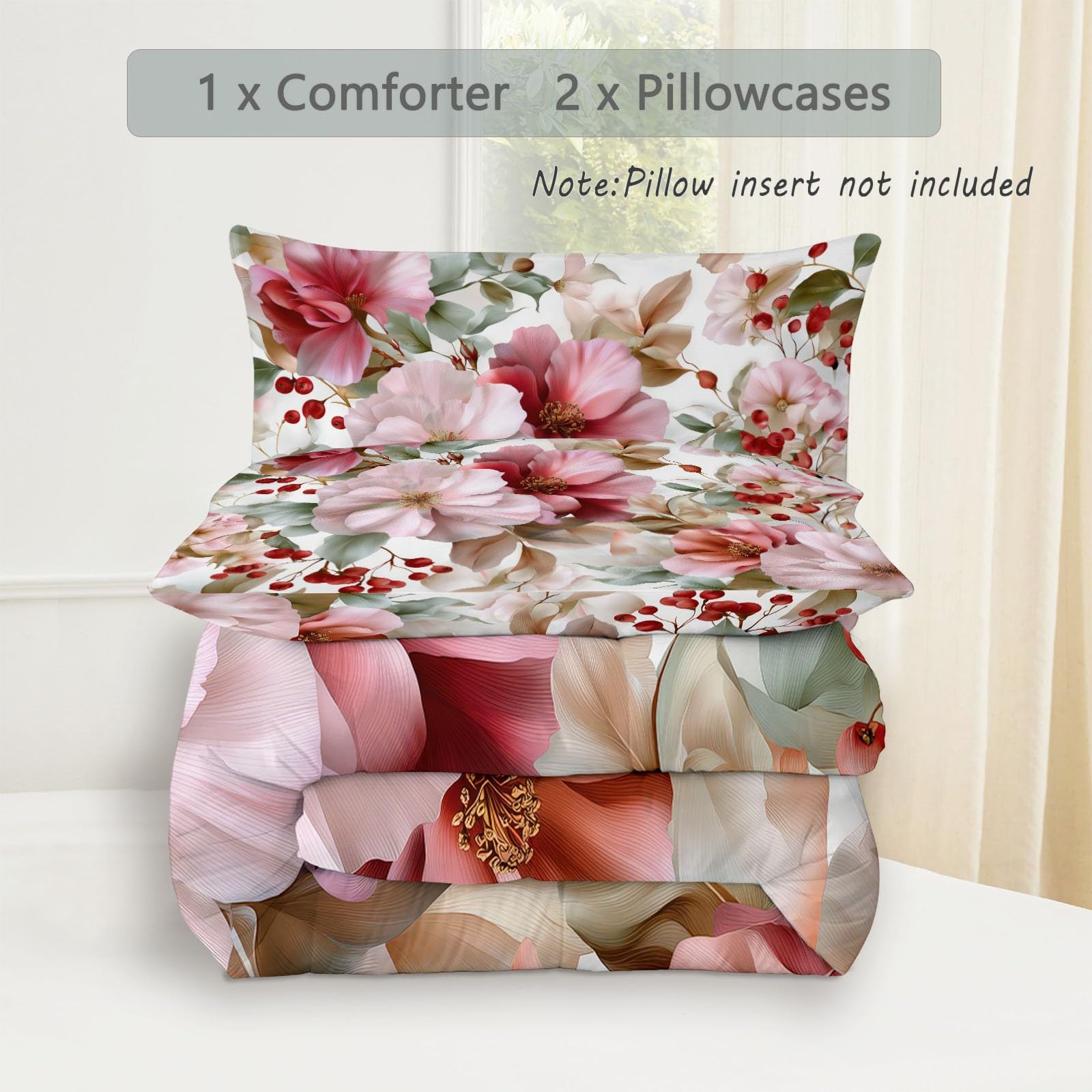 Bettdecke ohne Bezug 135x200cm, 4 Jahreszeiten Retro Pflanzen Blumen Beeren Steppdecke mit 2 Kissenbezug 80x80cm - Warme Weiche Atmungsaktive Schlafdecke Waschbar Ganzjahresdecke - Rosa