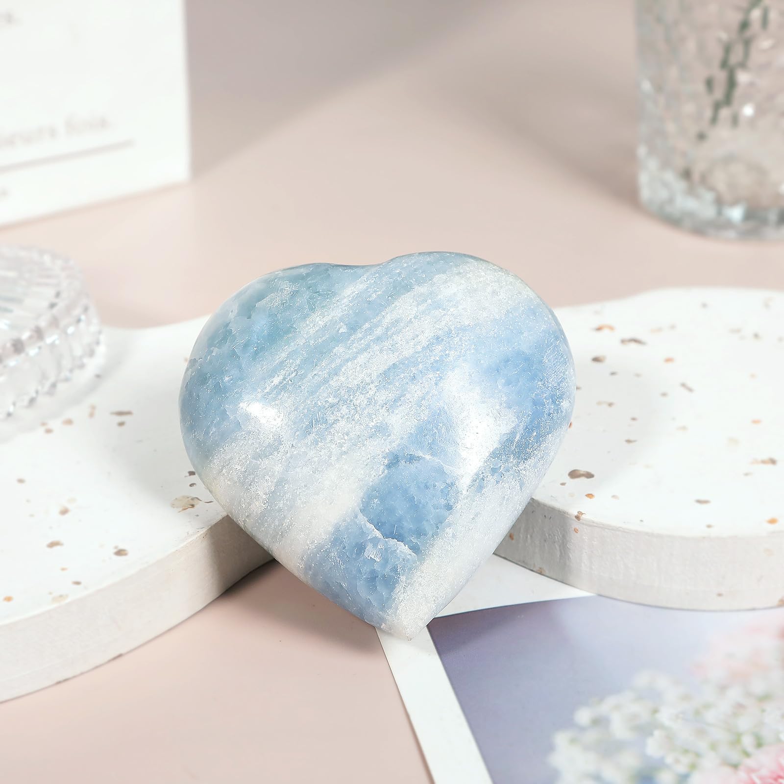Nupuyai Natural Blue Celestite Crystal Heart Stone, Polished Worry Palm Stone Anxiety Relief - Image 3