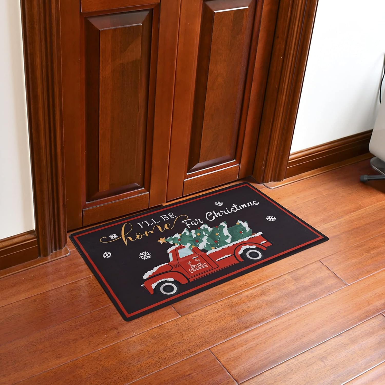 Morning View Red Truck Christmas Doormat Holiday Door Mats Pickup Truck Welcome Mat Outdoor Indoor Entrance Front Door Winter Seasonal Floor Mats with Christmas Tree Xmas Entryway Rugs 17.7X29.3 Inch