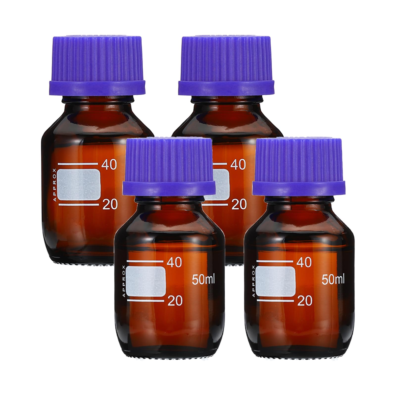 PATIKIL 4pz Bottiglie Supporto Conservazione, 50ml Bottiglie Rotondo Graduato Vetro Borosilicato con GL45 Blu Tappo Vite per Liquidi Reagenti Acqua Laboratorio, Marrone
