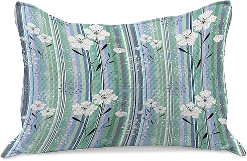 Lunarable Funda de almohada de punto con flores, patrón de rayas verticales con aplicación floral, naturaleza abstracta, funda de almohada estándar