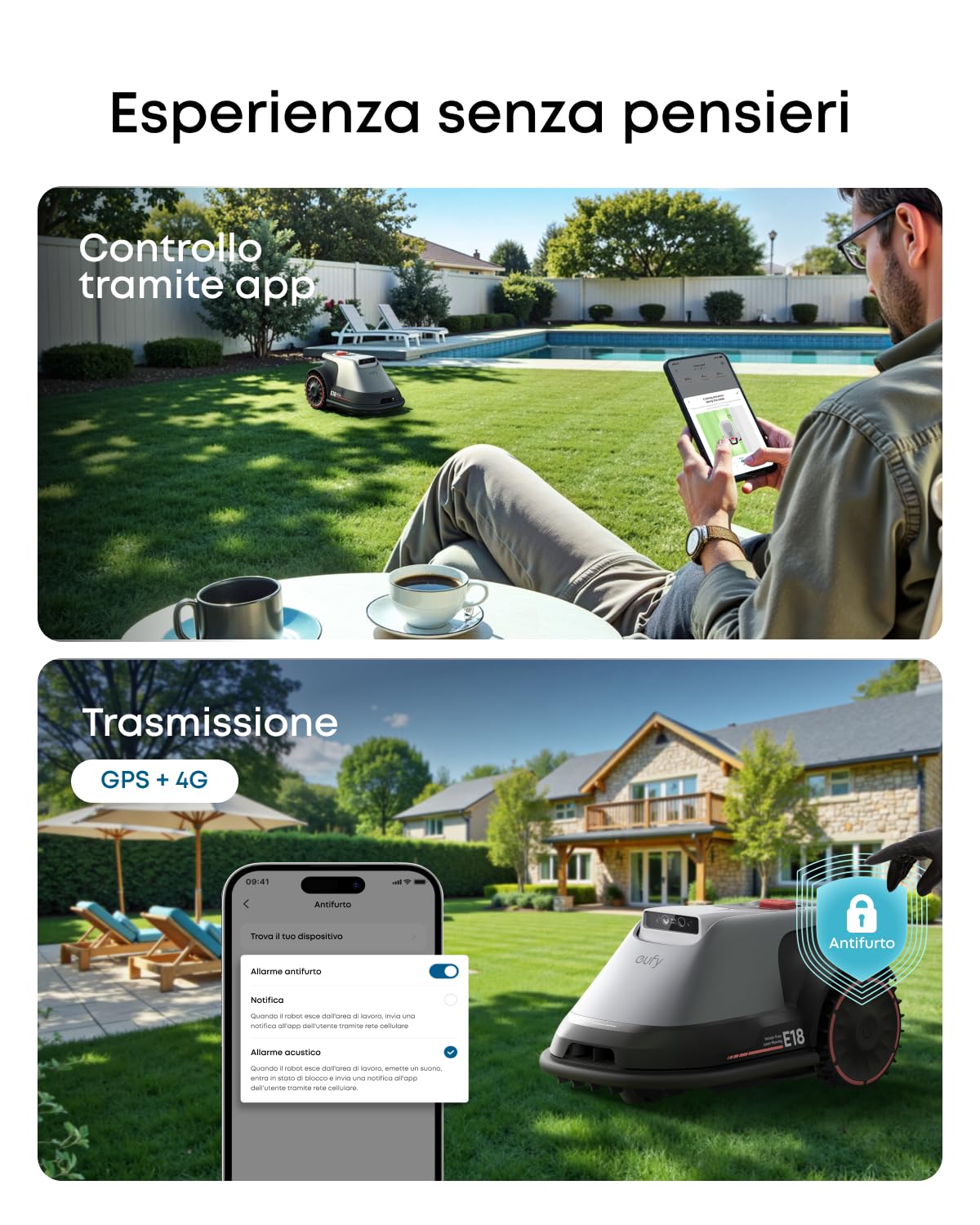 eufy Robot tosaerba E18, Senza cavo limitatore, Nessuna interruzione del segnale,Senza RTK, TrueVision, Sistema GNSS, Giardino fino a 1200 m², Taglio Preciso Bordi, Evita Ostacoli, Controllo App