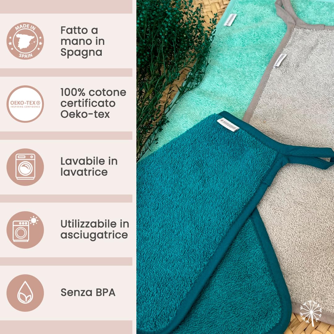 Asciugamani Bambini Asilo - Set 2 Pezzi, Cotone Spugna, 35x23 Cm, Con Gancio (Turchese/Grigio) - Foto 13
