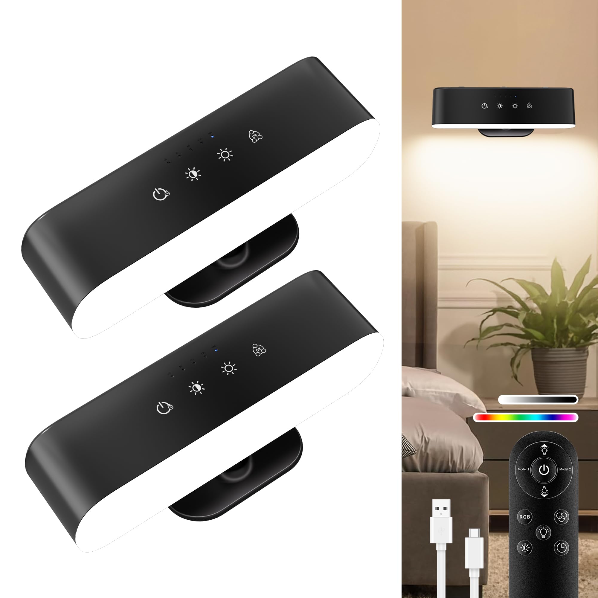 Wall Scones, Rechargeable Wall Sconces Set of 2 with Touch Remote Control RGB 4400mAh Battery Operated Wireless Cordless, Adhesive Wall Light for