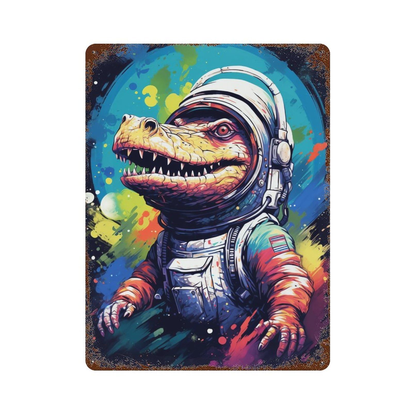 Weathered Tin Sign with Space Crocodile Astronaut Art Print -3 Design 15.7"x11.8", for Office, Studio And Wall Decor, Retro Wall Decor