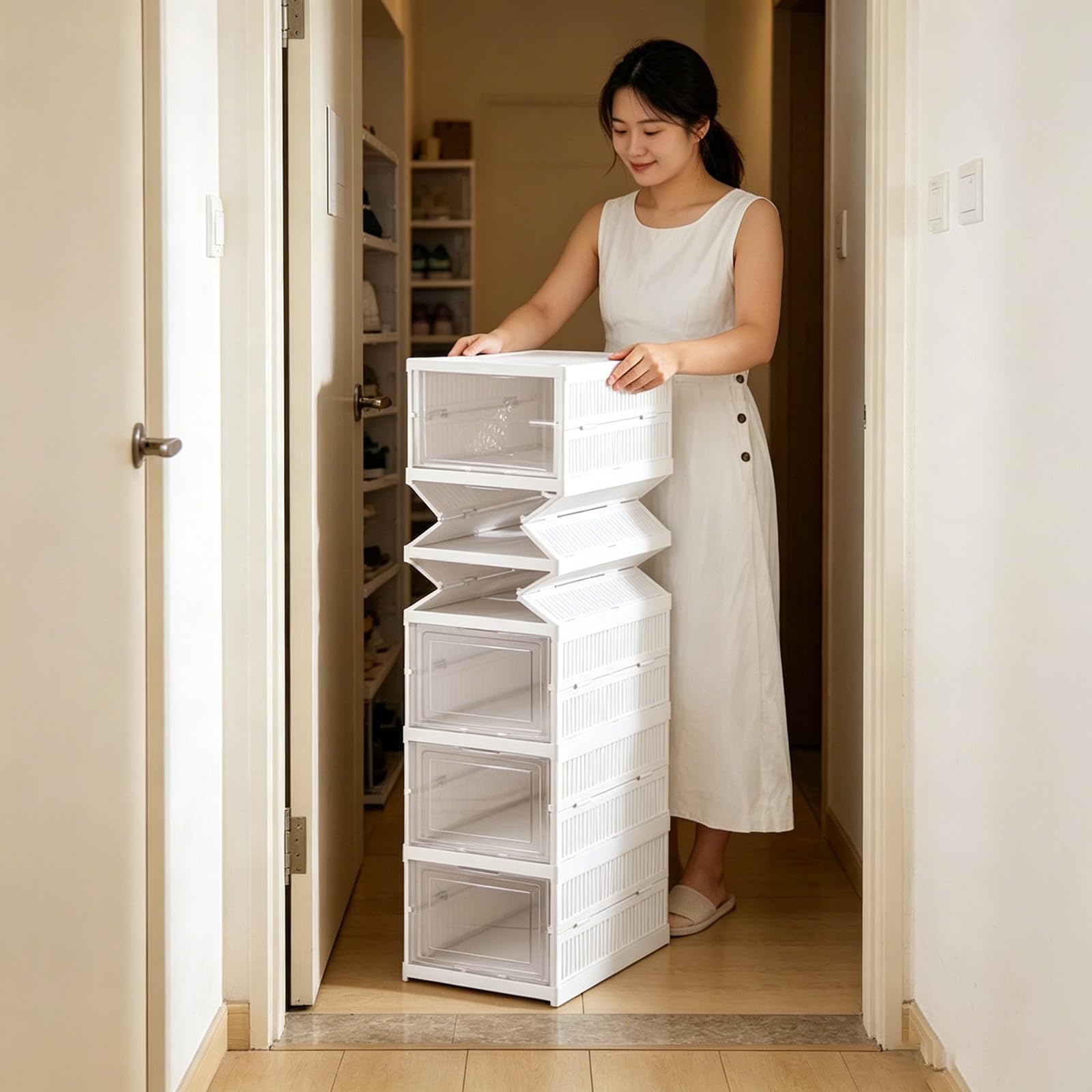 TYNGBT Collapsible Clear Plastic Shoe Box, Multi-Layer Stackable Shoe Storage for Closet Organization