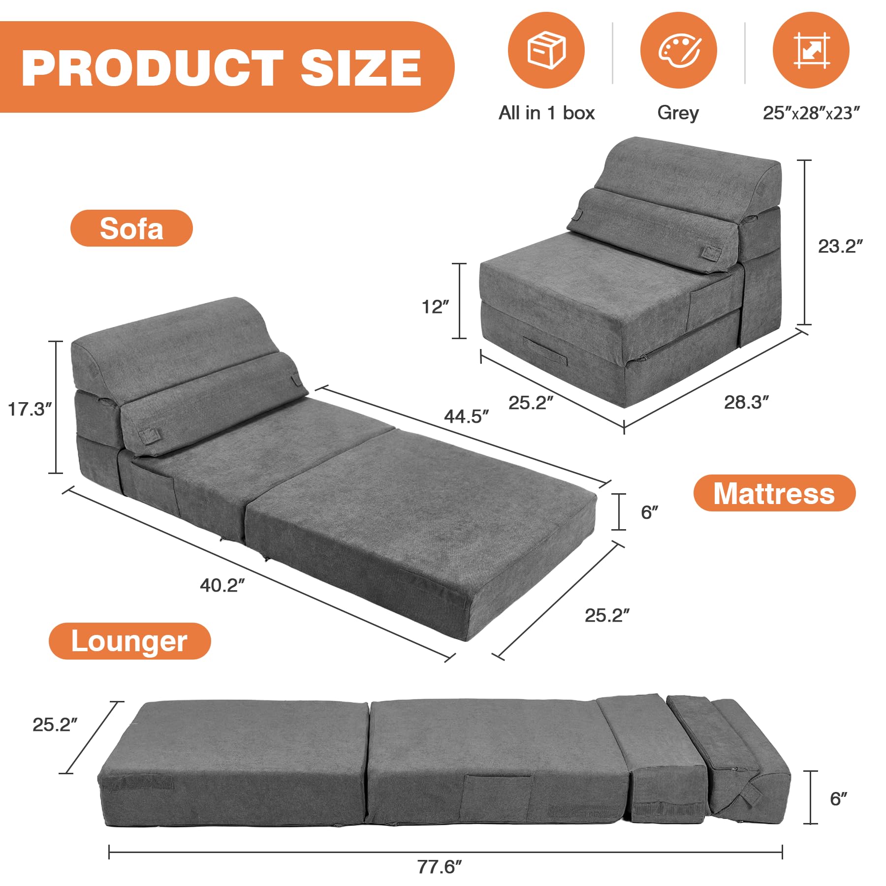 Cómodo sofá cama plegable – Sofá cama convertible gris plegable para sala de estar, dormitorio, invitados, silla plegable de suelo, colchón tumbona con respaldo para viajes, camping 2