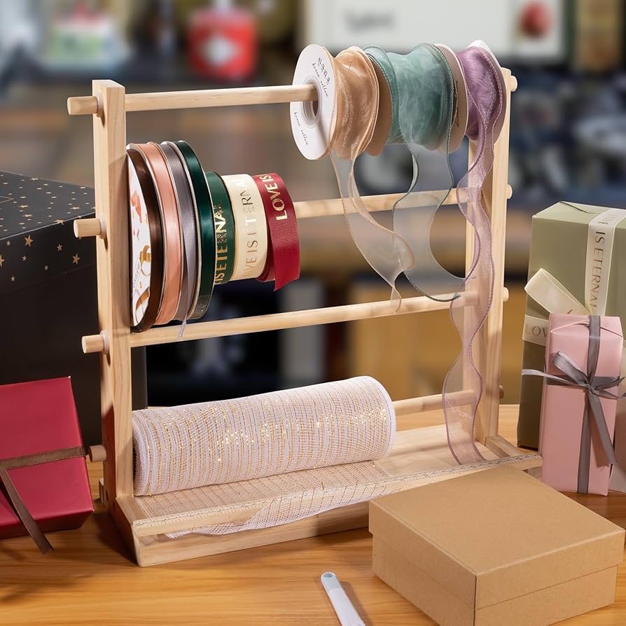 Threehoney Wooden Ribbon Organizer - 14" Spool Rack With 4 Removable Dowels For Craft Storage