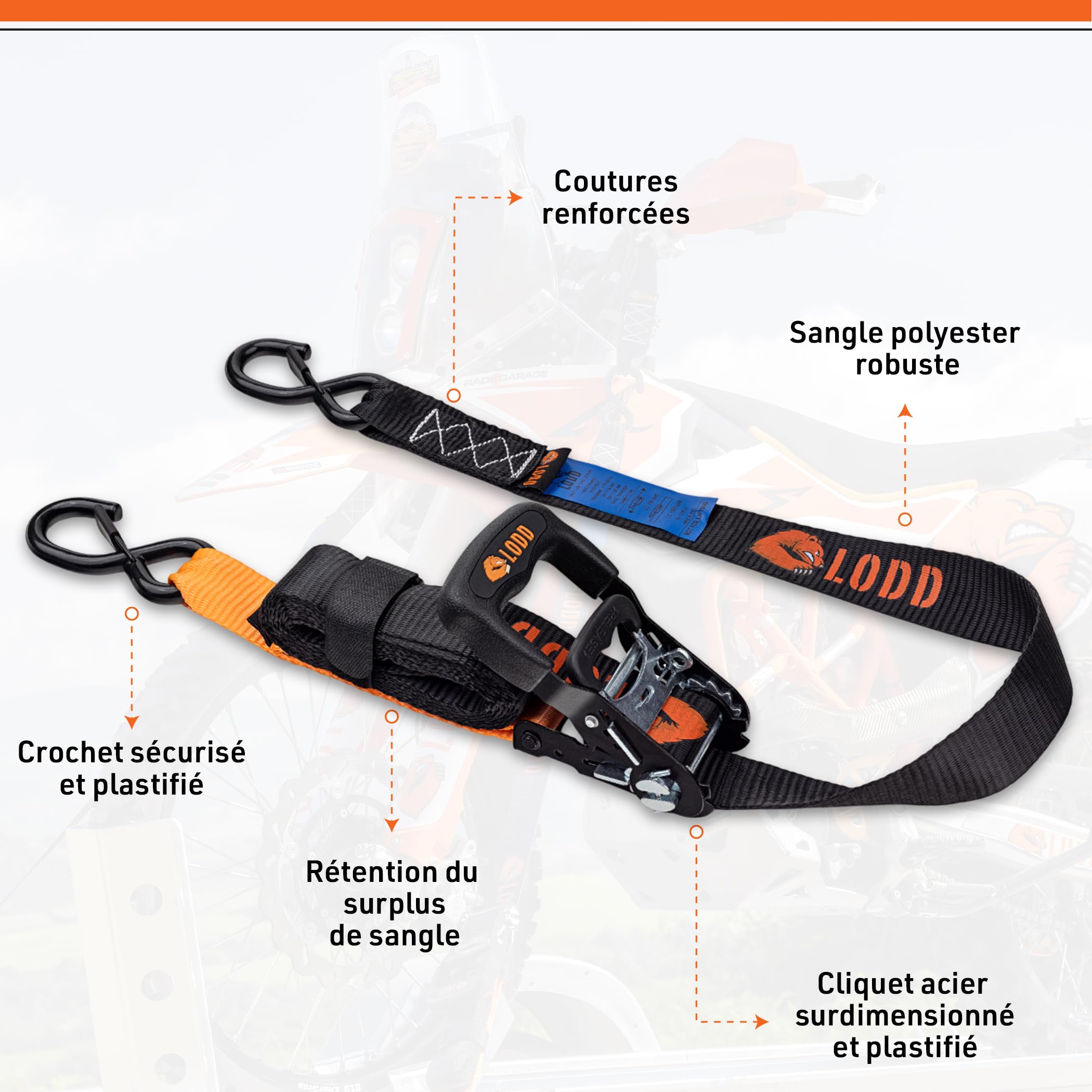LODD - Lot de 2 Sangles d'Arrimage Moto à Cliquet 41mm x 3,4m - Crochets Sécurisés, Boucles Souples - Ultra Résistante 2000 kg - Idéal Moto, Quad, Remorque et Bateau - Sac de Transport Inclus