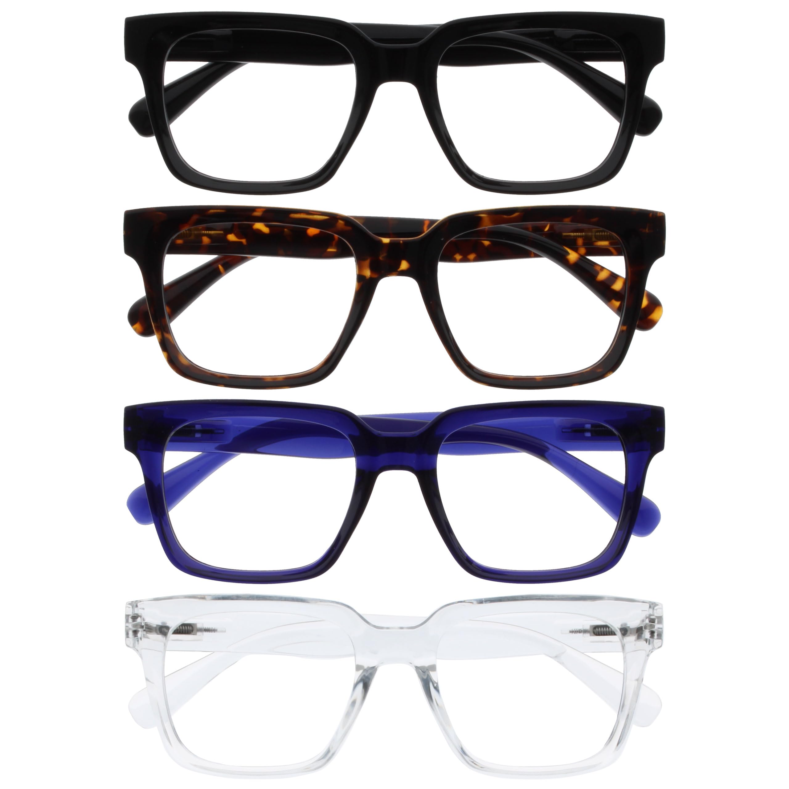 OPULIZE ERA Blue Light Glasses for Women & Men-Clear Lens-Anti-Glare-UV400 Lenses-Oversized Frame-Computer Screen Glasses-Black Brown Blue Clear-+0.00(Pack 4 of with 4 Pouches)