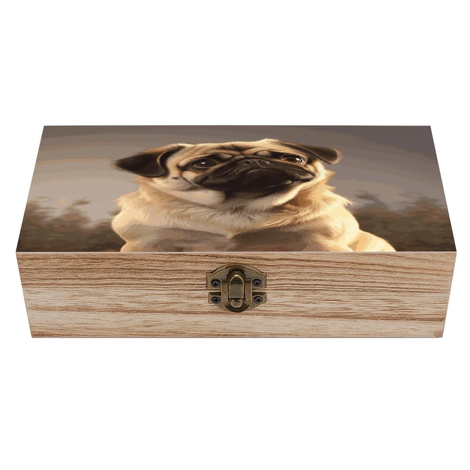 JTREHY Cute Pug Dog Wooden Keepsake Box Vintage-Style Wood Keepsake Case with Hinged Lid Solid Wood Boxes Beautifully Memory Treasure Case Vintage-Style Wooden Storage Box