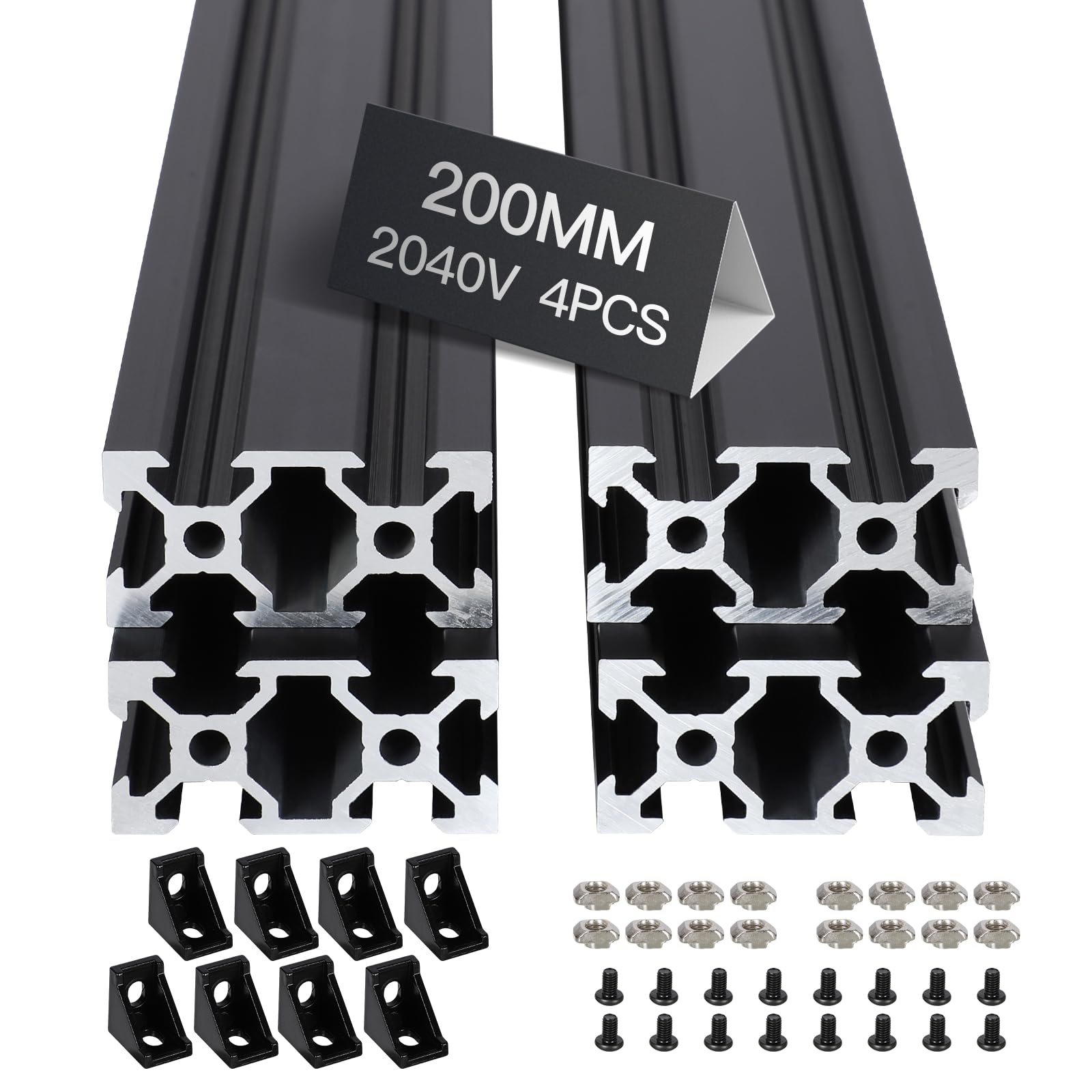 4pcs 200mm 2040 V-Slot Extrusion Aluminum Profile, Anodized Linear Rail for 3D Printer Frame, CNC Machine, DIY Robotics & Structural Projects Black