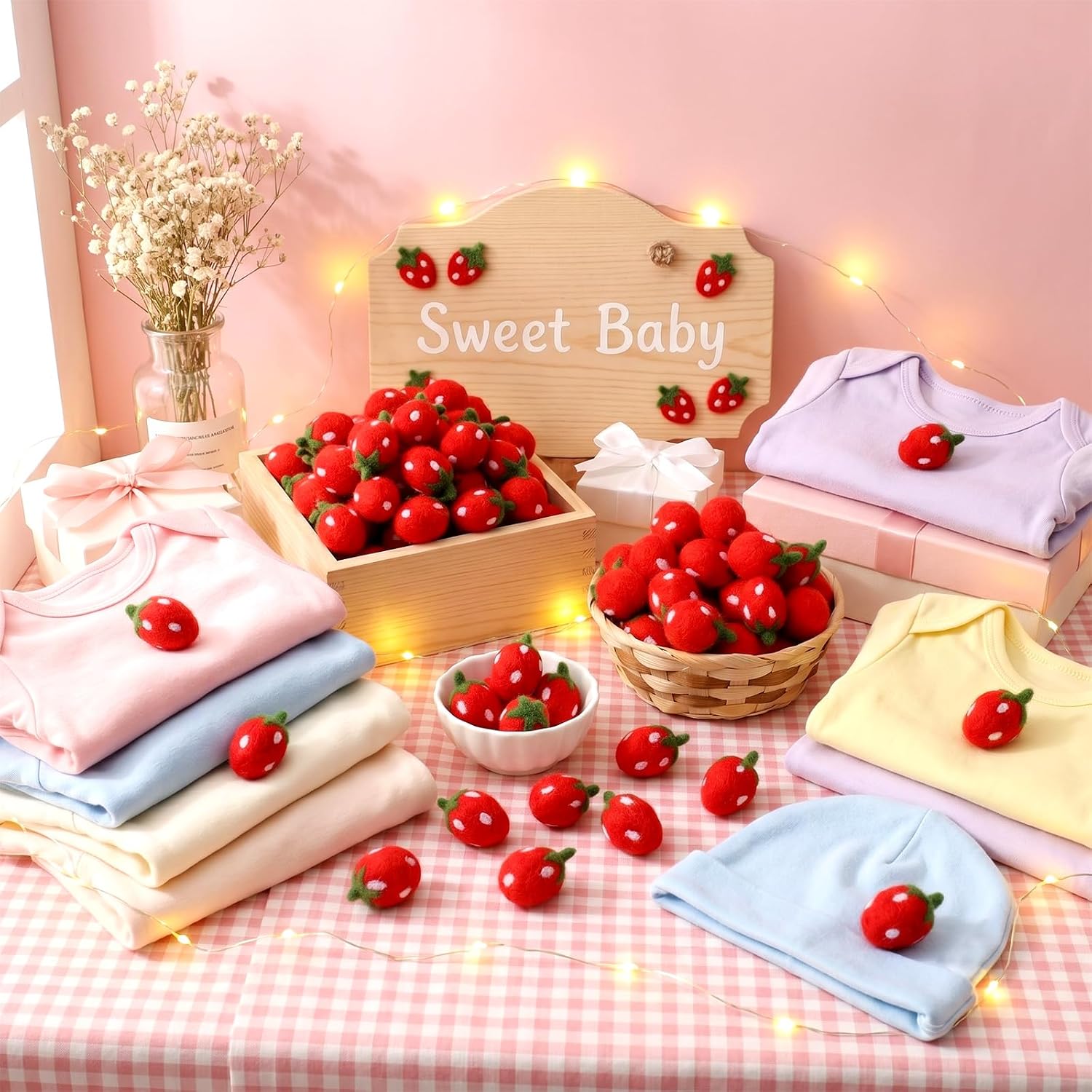 40 Pcs Fake Strawberries, Artificial Felt Fruit Strawberry, Faux Strawberry Decor, Strawberries Bowl Fillers, for Home Farmhouse Ornaments Baby Shower Wedding Home Decor Photography Prop