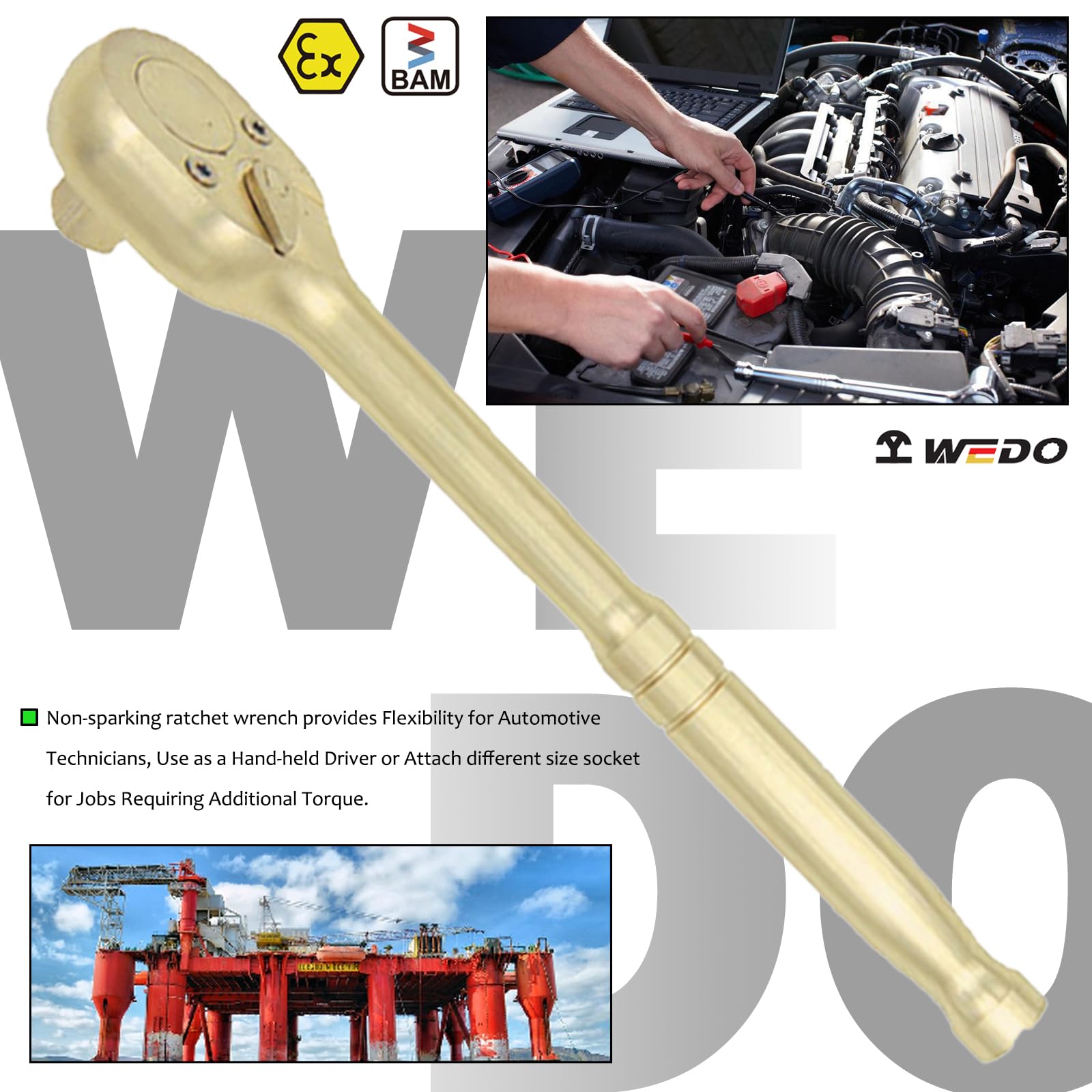 WEDO Juego de 2 trinquetes sin chispas, llave de trinquete de 1/2 pulgada de 250 mm, barra de extensión de 1/2 pulgada de 100 mm, bronce de aluminio, resistente a la corrosión, certificado BAM & FM,