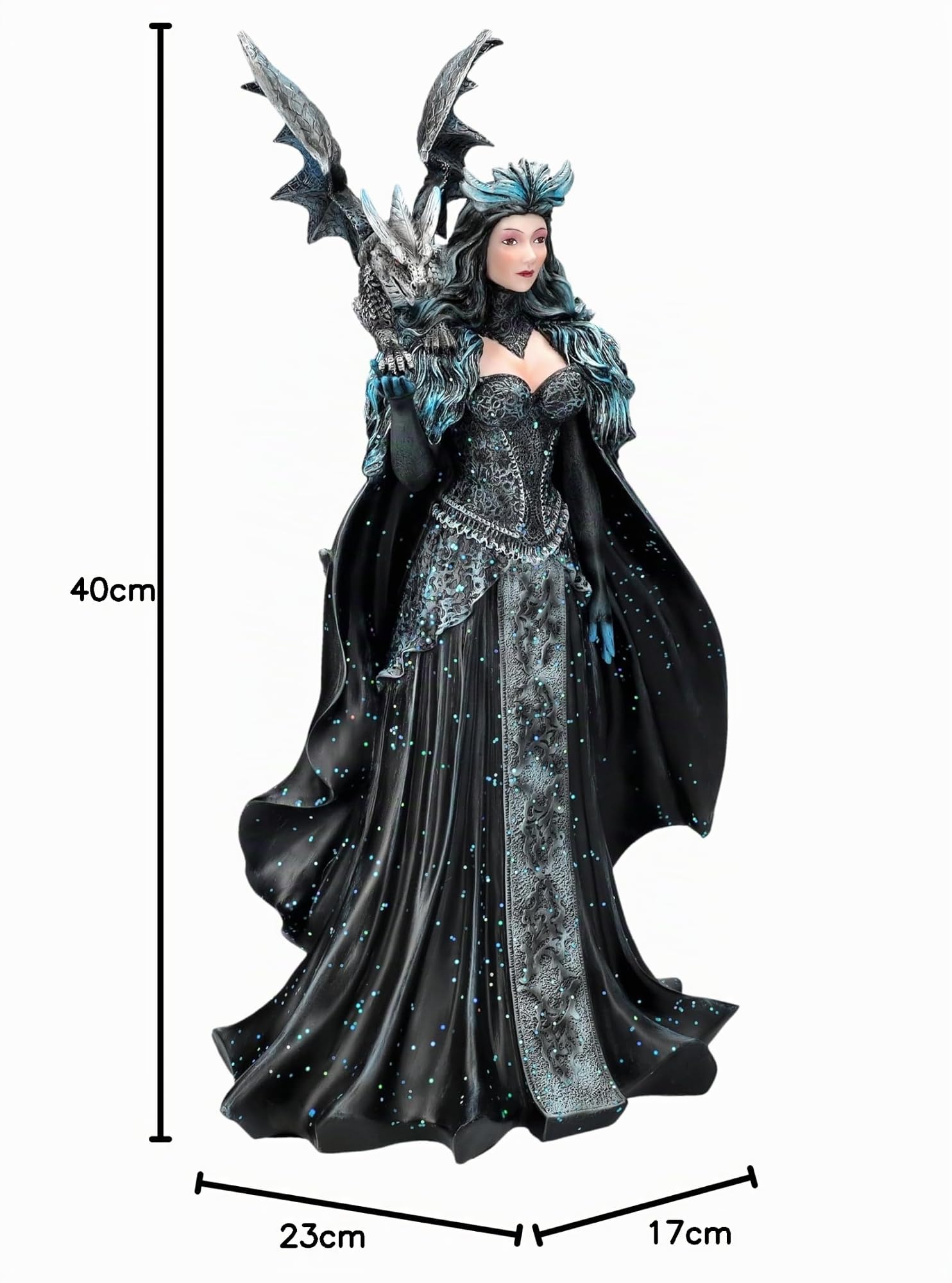 Majestätische Magierin Figur 40cm - Dark Queen mit Drache, Königin der Schatten, Hexe Statue Elfe Gothic