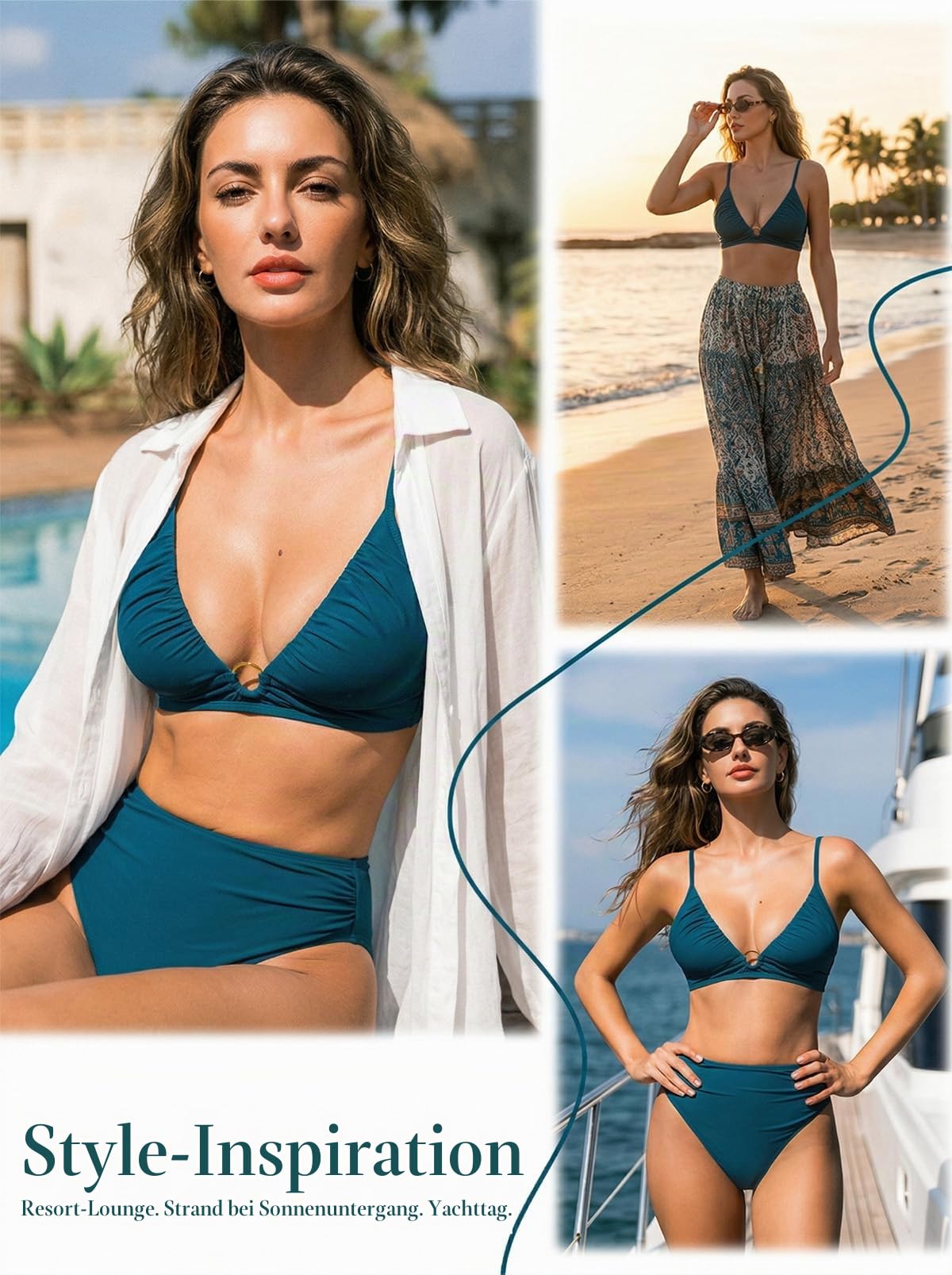 CUPSHE Bikini Set Hochtailliert V Ausschnitt O Ring Abnehmbare Träger Raffungen Zweiteiliger Badeanzug