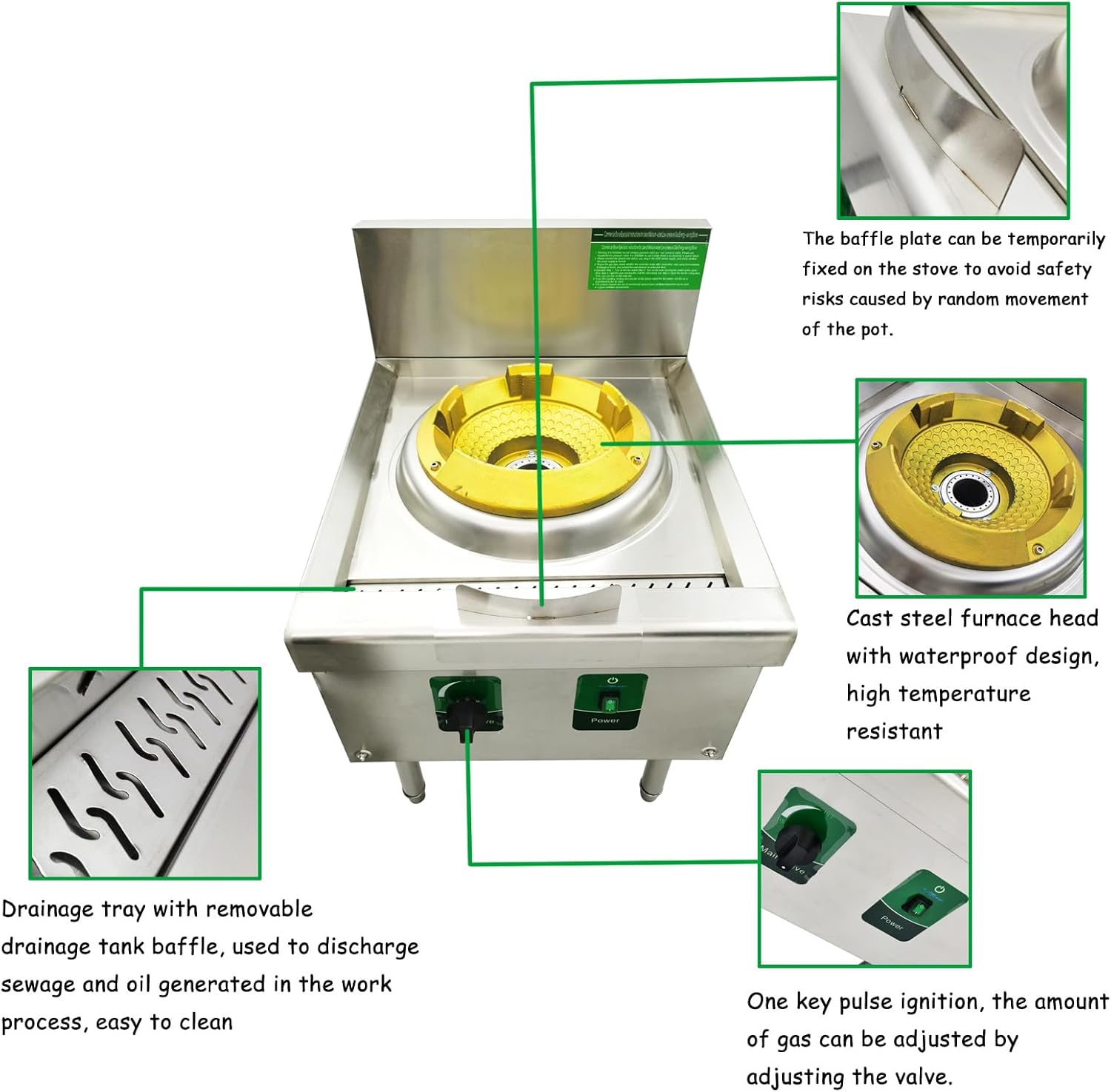 Commercial High Fire Stove 110V 120W Single Head LPG and Natural Gas Burner Stainless Steel Gas Wok Stove with Baffle 12.2" Furnace Head Diameter 0.59" Air Inlet Aperture