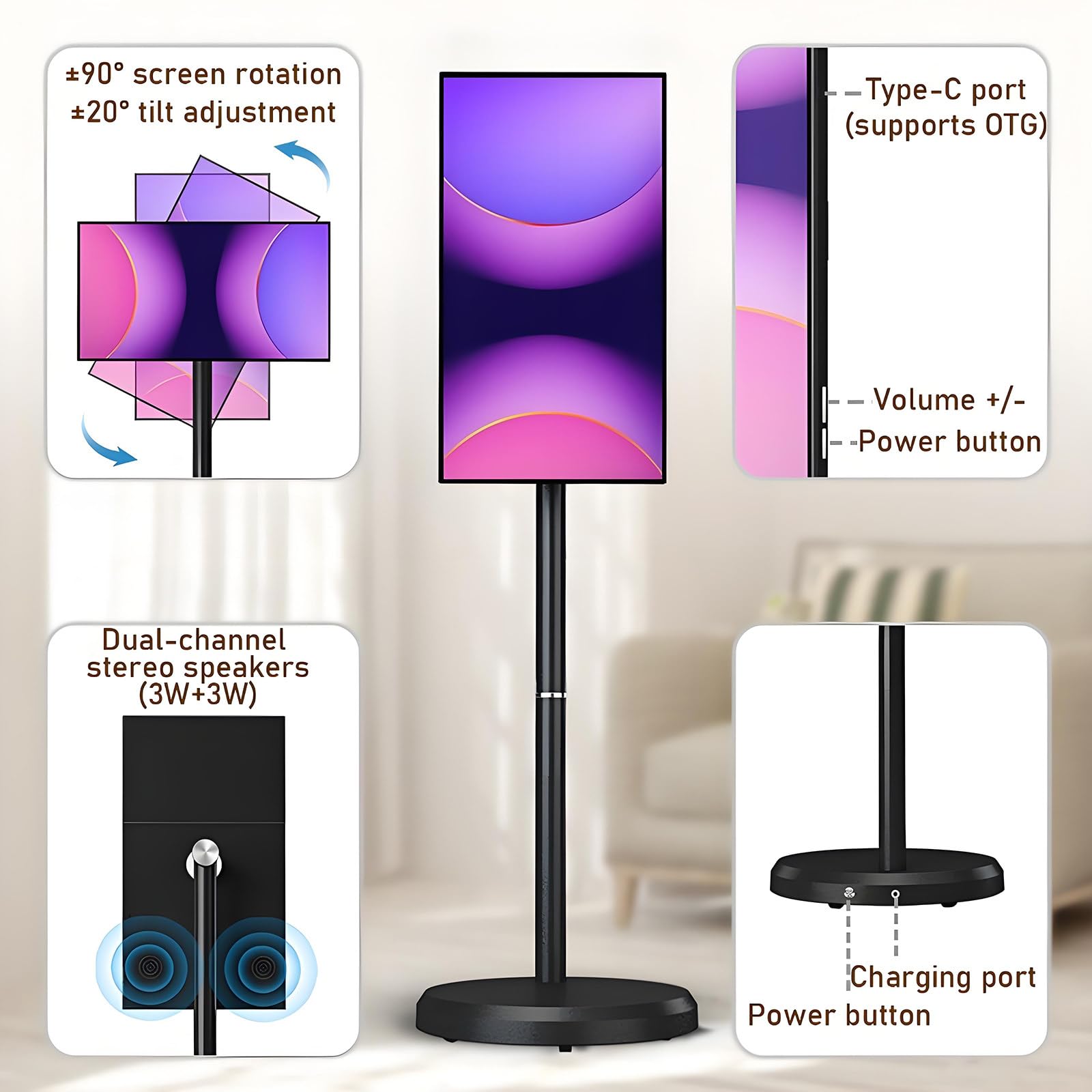 Televisor Portátil Inteligente De 21.5 Pulgadas con Pantalla Táctil Y Soporte Giratorio para Exteriores con Cámara De 8 MP Y Soporte Ajustable 6+128G