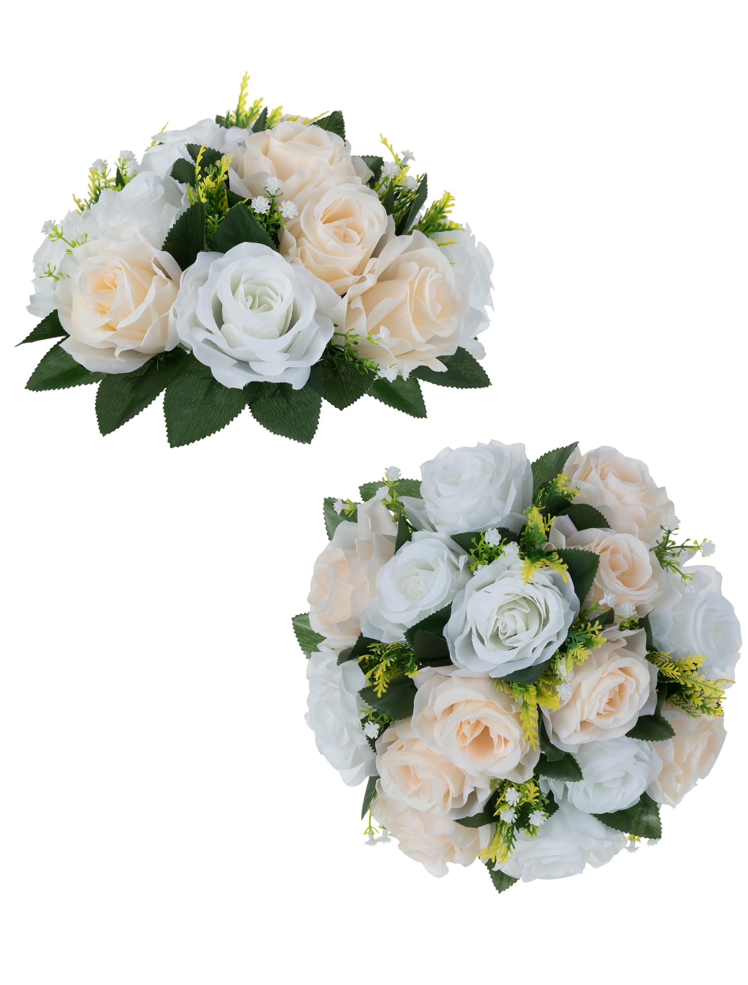 BLOSMON Flower Centerpieces for Tables Wedding 2 Pcs Champagne & White Fake Flowers with Base Rose Balls Arrangement Bouquet Floral Centerpiece Artificial Wedding Center Pieces of Home Party Decor — image 1