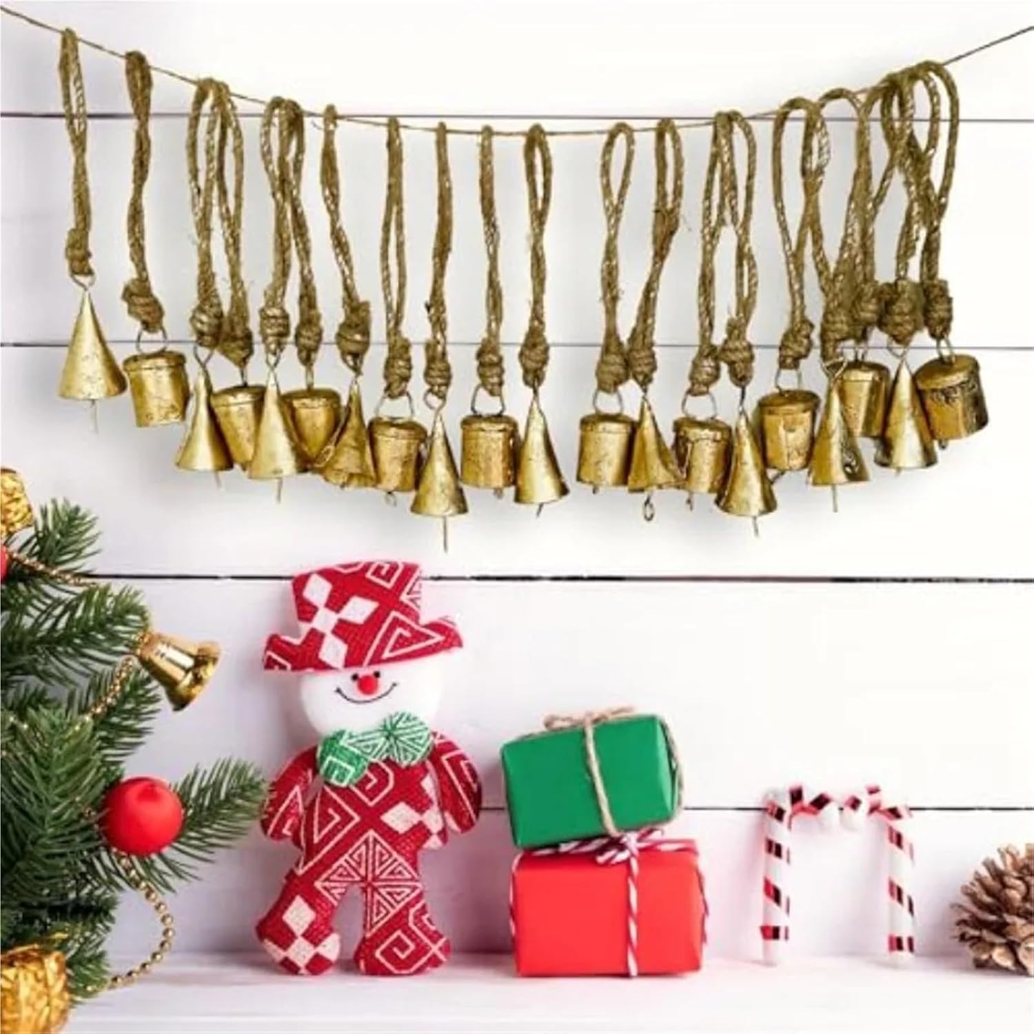1 Set of 20 Rustic Vintage Tin Bells Handmade Christmas On Jute Rope for Decorative Tree Ornaments for Christmas Decor Wreath Garland