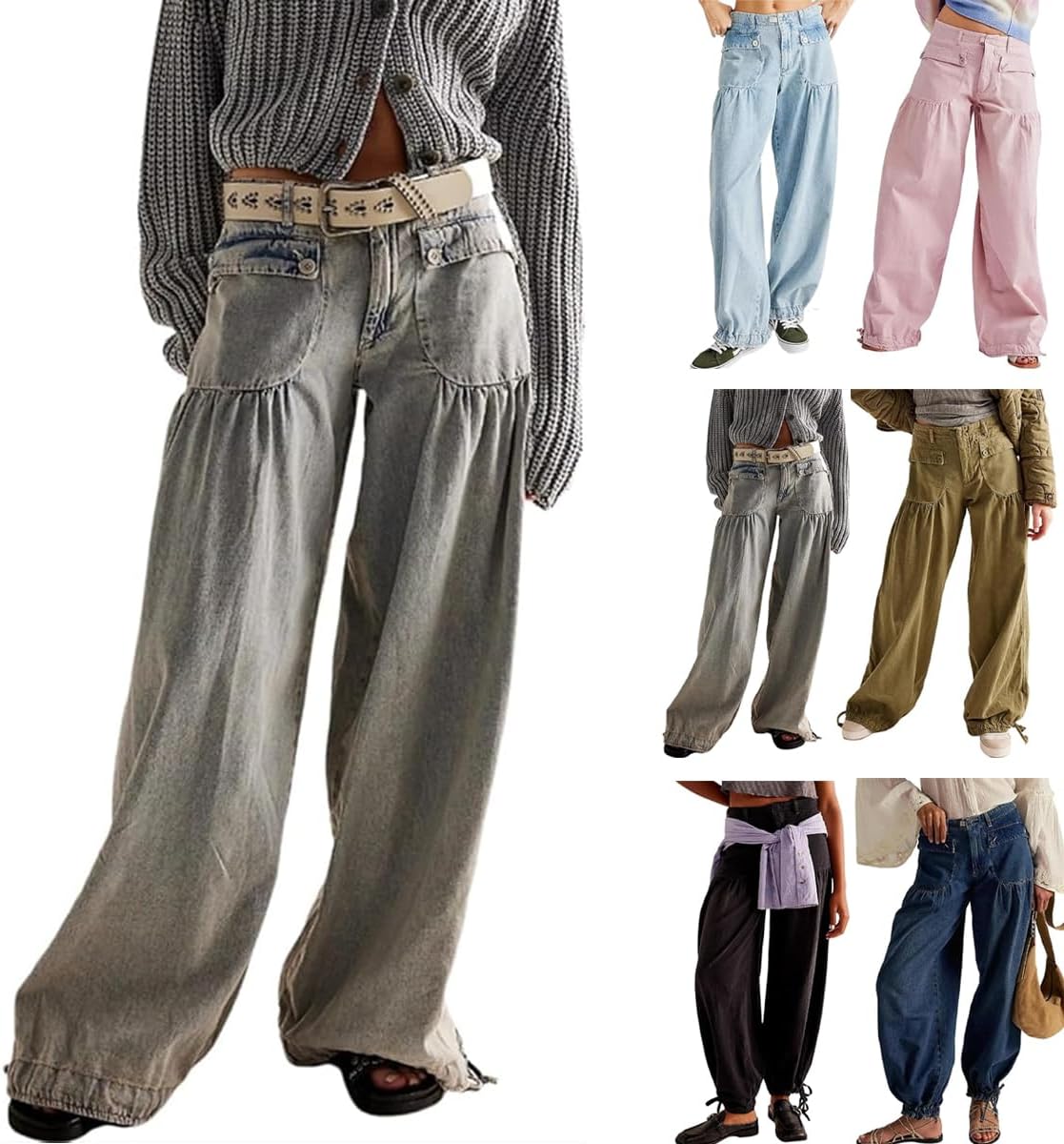 Women's Tube Jeans, Tie Hem Barrel Ruffle Mid High Waist Jeans, Ruffle Pleated Denim Pants with Drawstring and Pockets