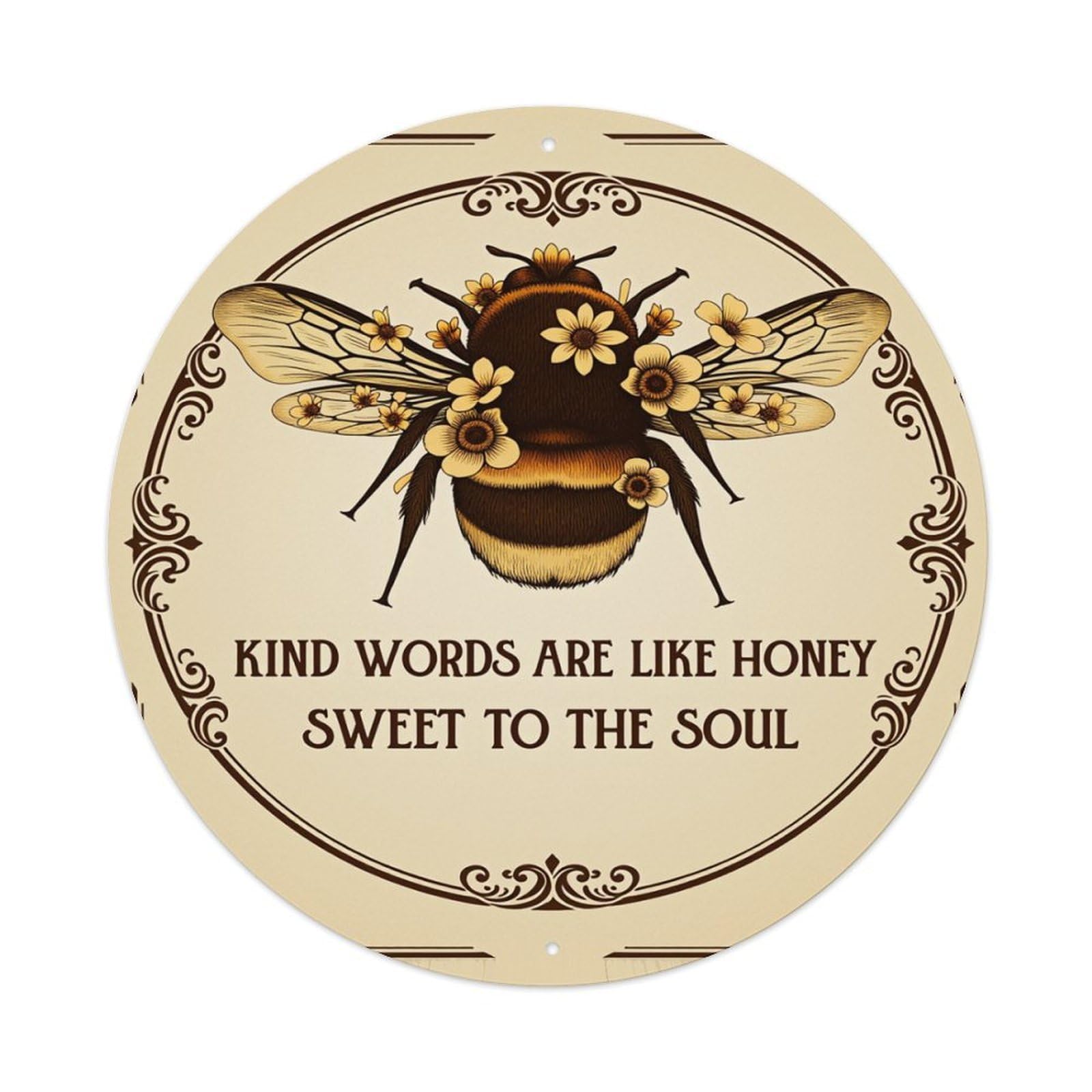 Bee With Flowers And Text Round Tin Sign Retro Metal Sign for Cafe Bar Pub Home Game Room Gym Club Wall Decoration Vintage Metal Poster 8x8 Inch