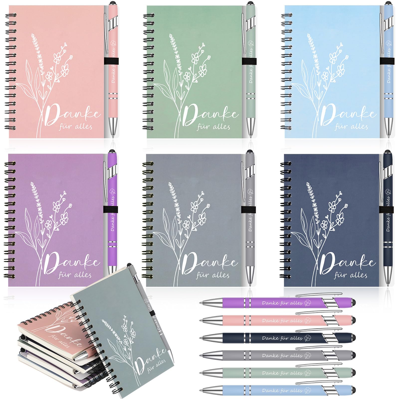 Sinmoe 6 Sets Dankeschön Geschenke für Kollegen 6 Spirale Notizblock, 6 Kugelschreiber mit Touchpen Abschiedsgeschenk für Kollegen Motivierendes Geschenkset für Weihnachten(Danke für Alles)
