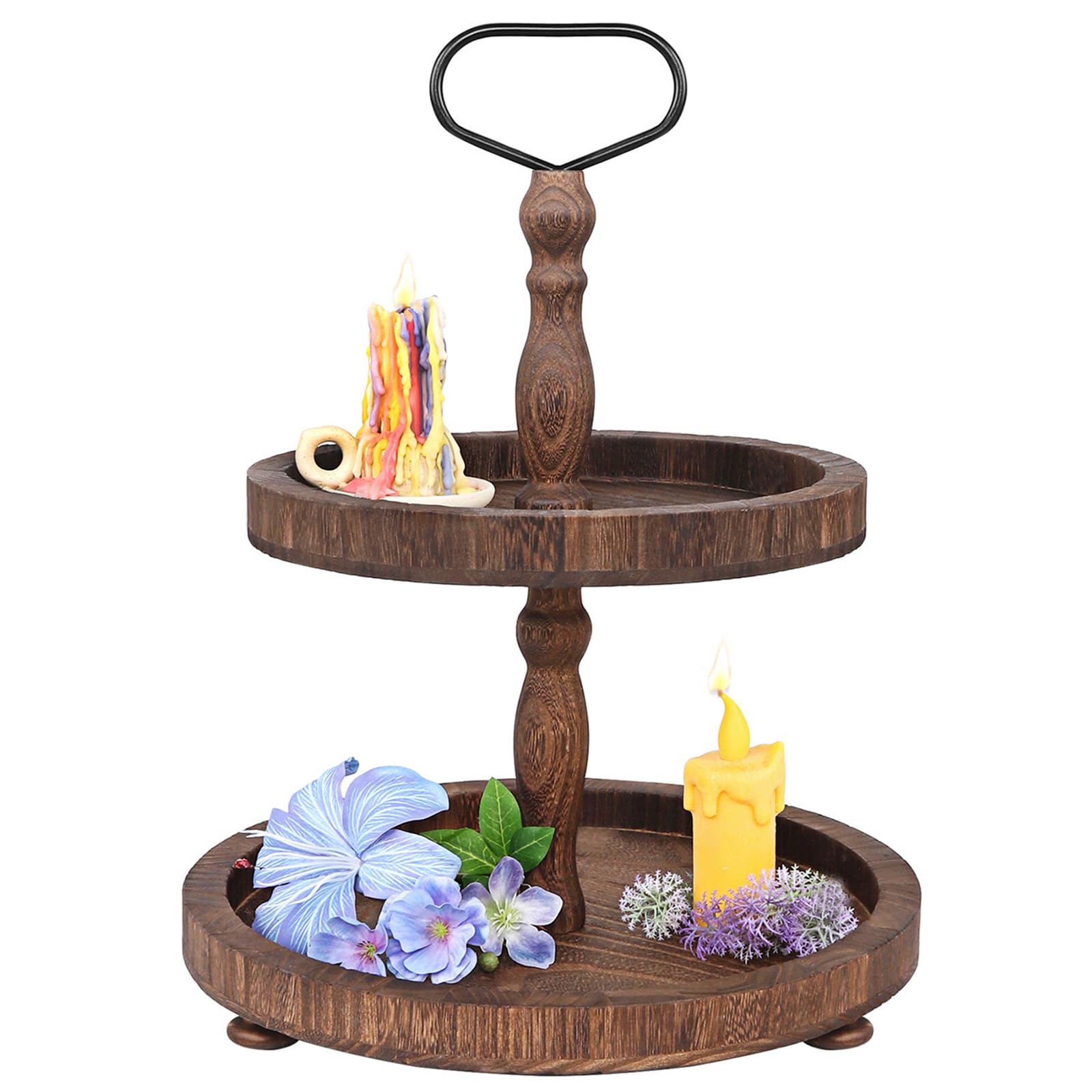 2 Tiered Tray, Rustic Round Farmhouse Style Decorative Tray, Dessert Stand Kitchen Island Decor, Wooden Serving Tray for Coffee Food Fruits Cupcakes, Home Decor Holiday Display, Dark Wood