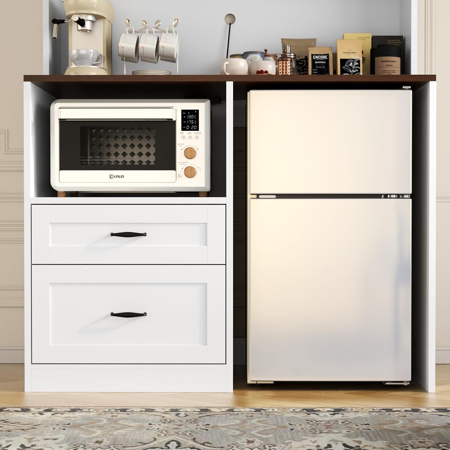 72" Tall Storage Cabinet with Fridge Space,Fridge Cabinet with Charging Station,Large Kitchen Pantry Cabinet with Wine Glass Holder and Drawers,Kitchen Hutch with Microwave Stand (White)