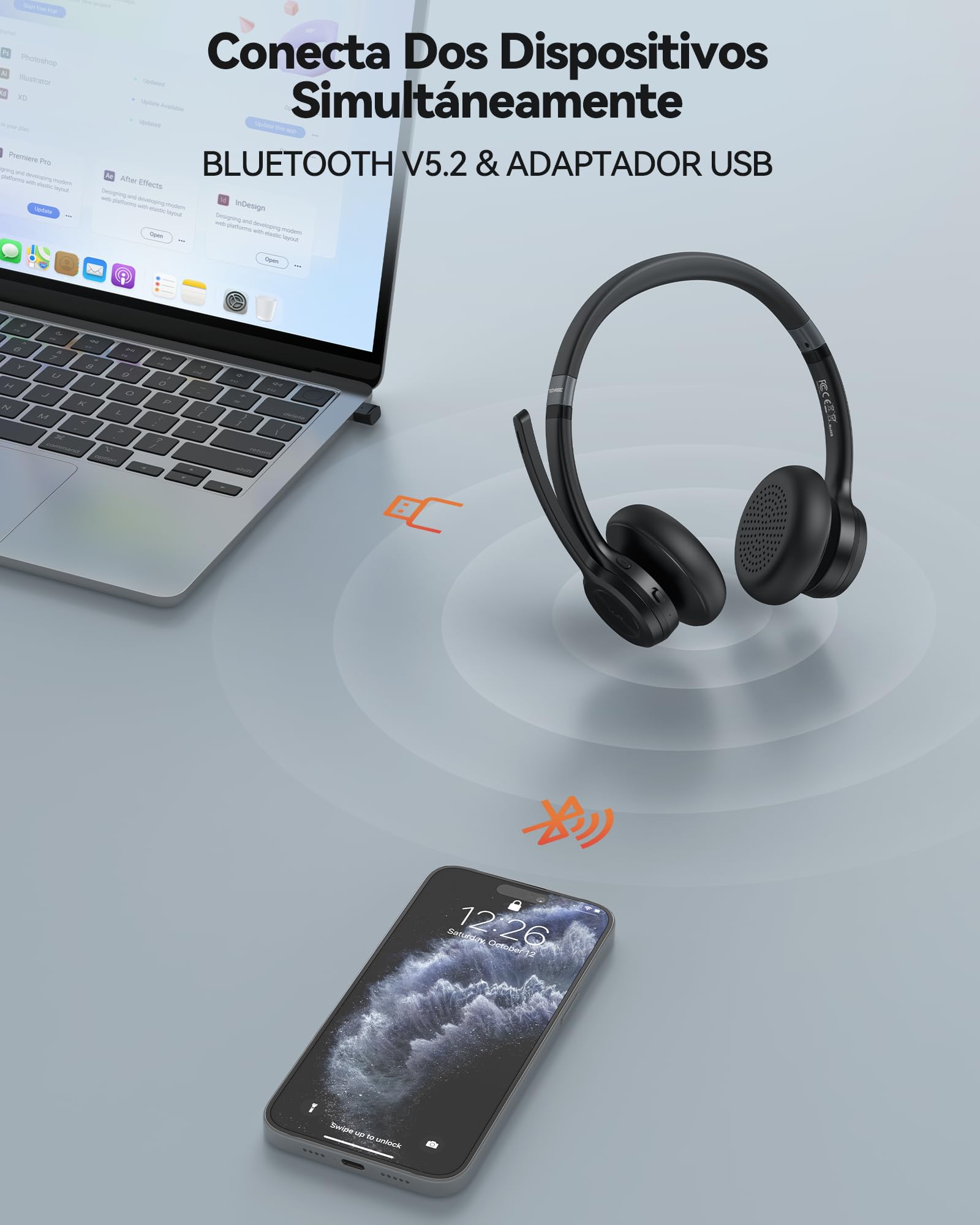 TechRise V5.2 Auriculares Inalámbricos Bluetooth Diadema con Micrófono USB Dongle, Cascos Cancelación de Ruido con Tecla de Silencio – 50 Horas de autonomía on Ear para callcenter y Oficina – Negro