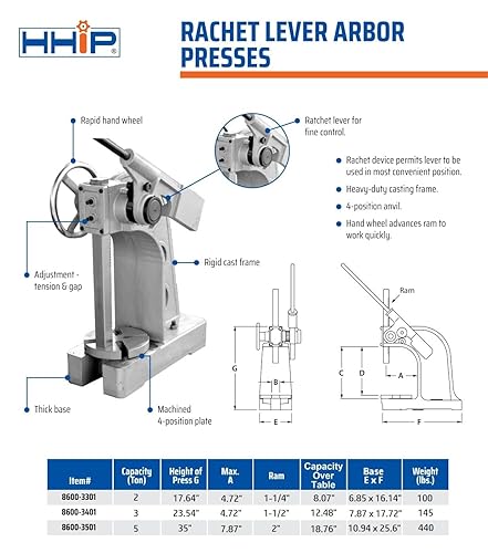 Miniatura 5 de HHIP 8600-3055 Prensa de eje de trinquete de 3 toneladas con medidor múltiple