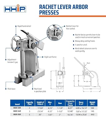 HHIP 8600-3401 3-Ton Ratchet Arbor Press Heavy-Duty Cast Frame, 4-Position Steel Anvil, 1-1/2 Ram, 21-1/2 Height, 9.44 Max Work Dia, Manual Hand Press for Riveting, Bending, Broaching, Punching