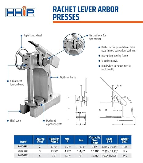 HHIP 8600-3401 3-Ton Ratchet Arbor Press Heavy-Duty Cast Frame, 4-Position Steel Anvil, 1-1/2 Ram, 21-1/2 Height, 9.44 Max Work Dia, Manual Hand Press for Riveting, Bending, Broaching, Punching